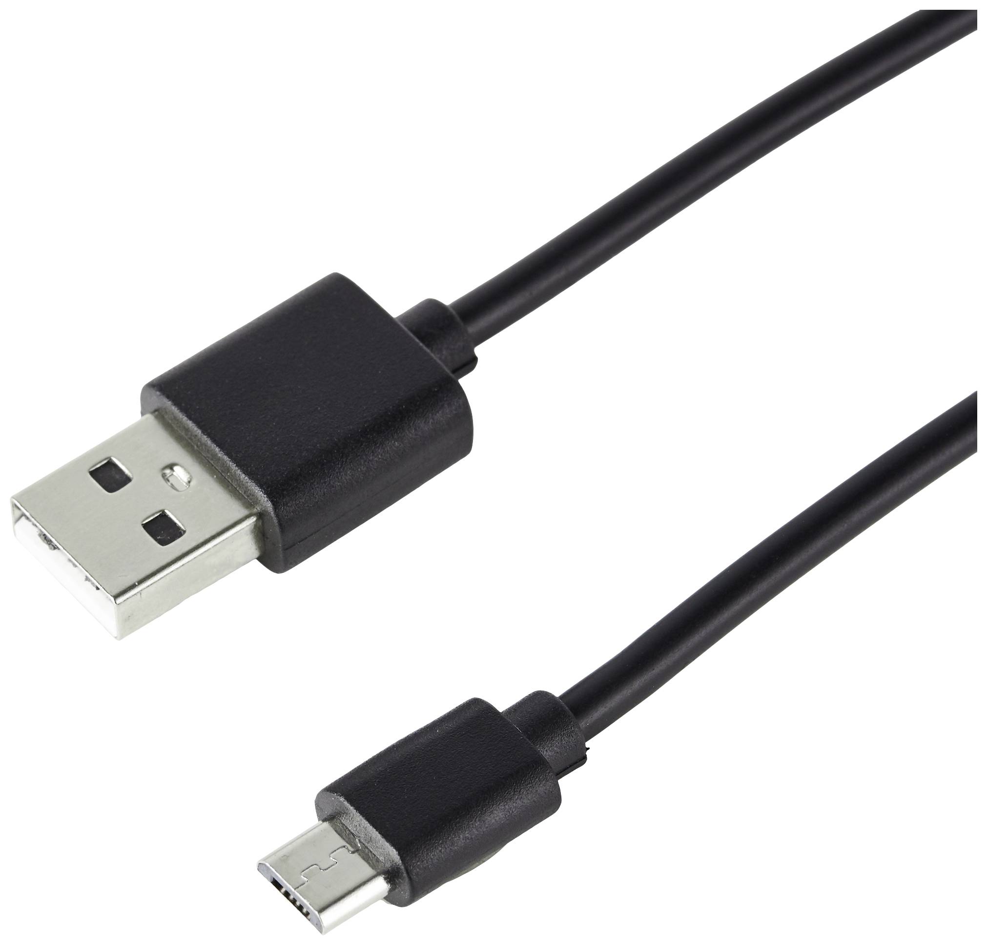 Czarny kabel USB do Micro-USB. Na górze wtyczka USB, na dole mniejsza wtyczka Micro-USB, oba podłączone do czarnego przewodu.