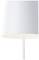 Prosta biała lampa stołowa z kształtnym, stożkowatym kloszem, stojąca na białej podstawie.