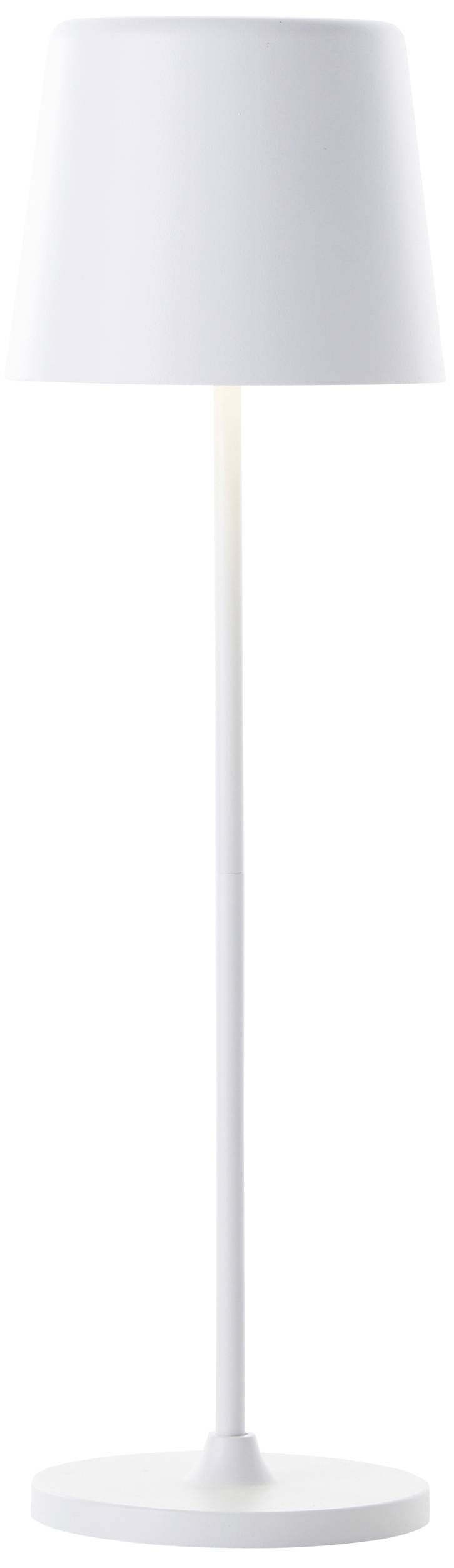 Biała lampa stojąca o prostym, nowoczesnym designie z kształtnym, stożkowatym kloszem, idealnie sprawdzająca się w pomieszczeniach mieszkalnych.