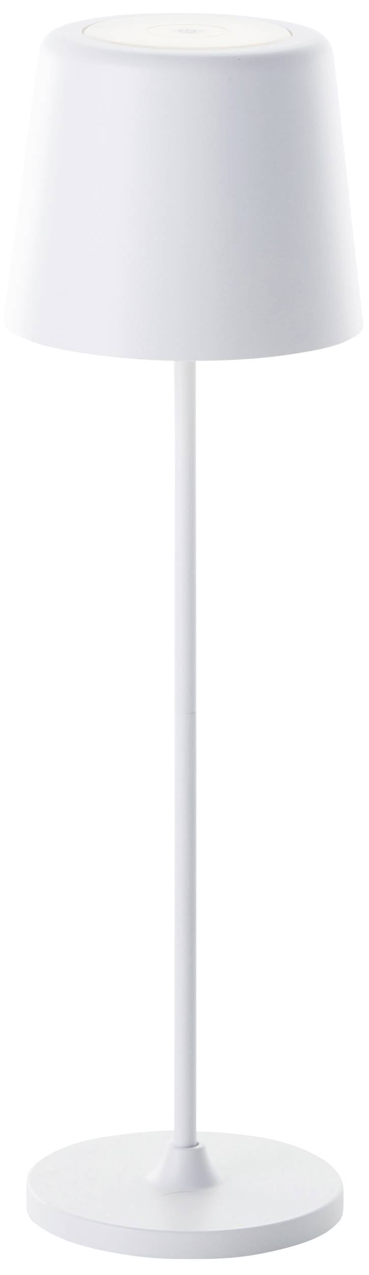 Biała lampa stołowa z stożkowym kloszem i smukłą podstawą na okrągłej stopce.