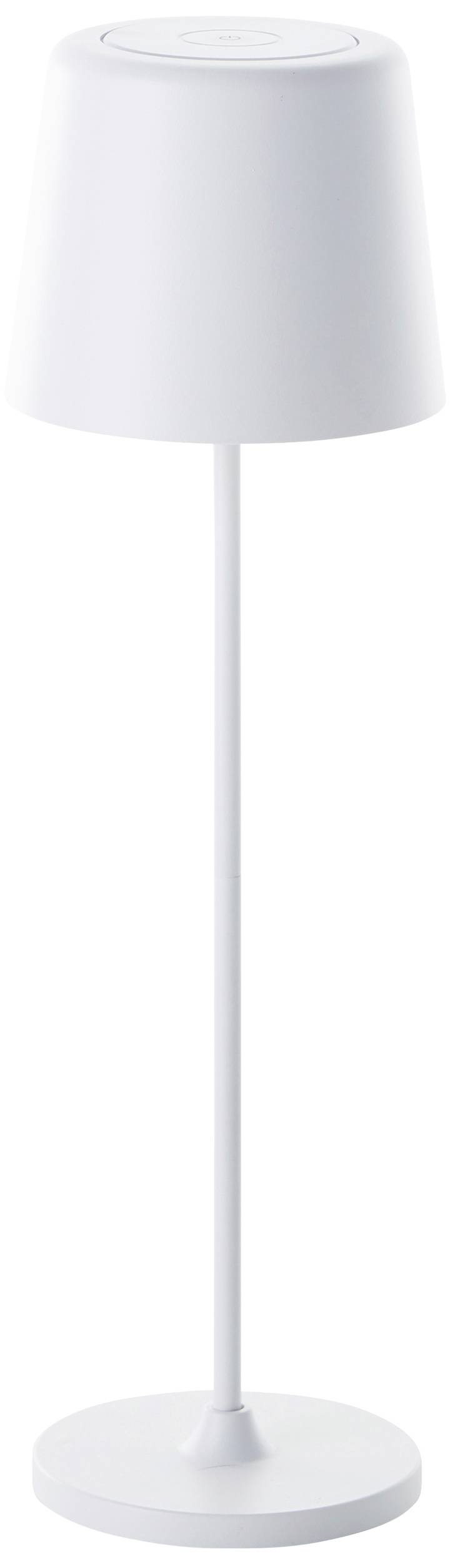 Biała lampa stołowa o prostym, nowoczesnym designie; cylindryczny klosz, smukła podstawa, okrągła podstawka.