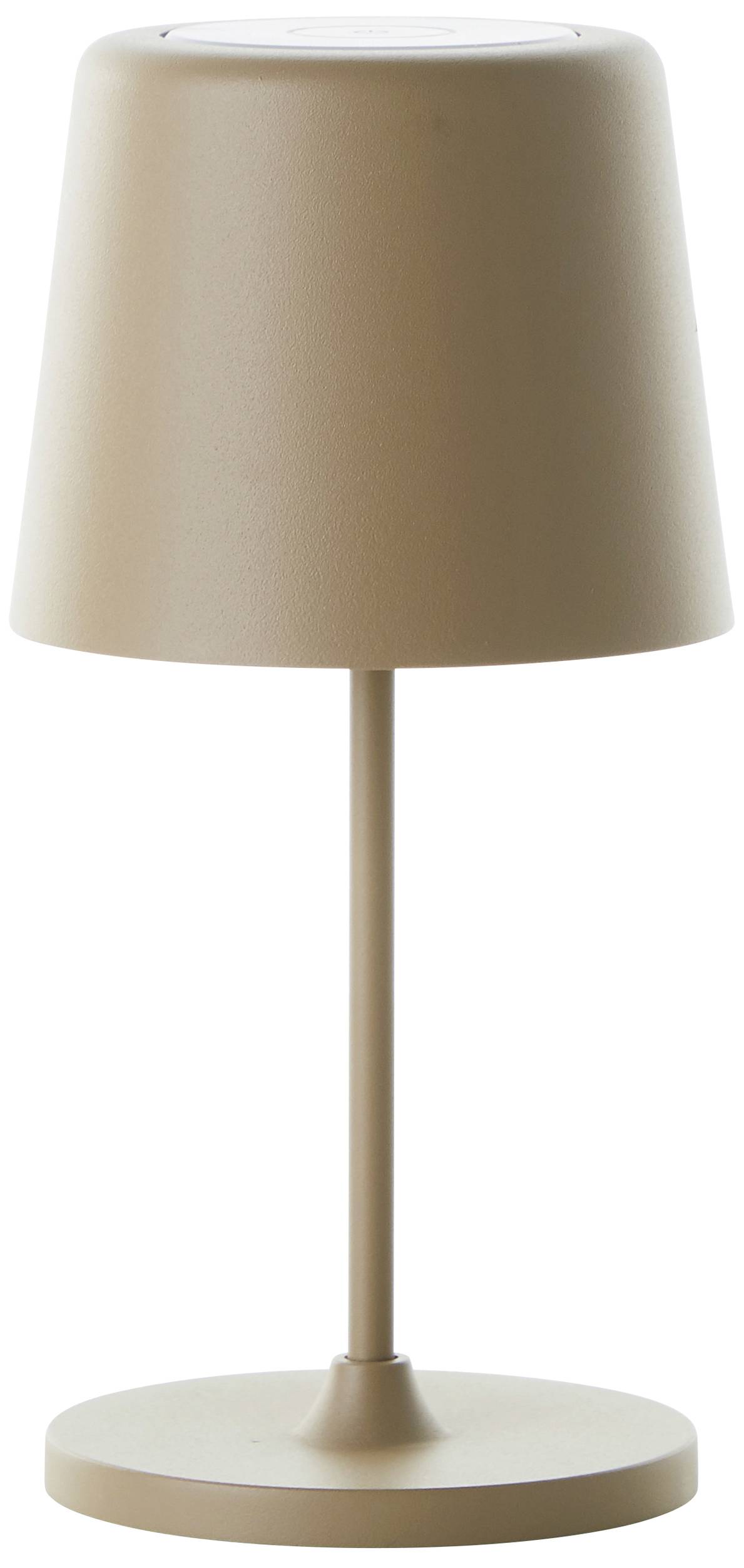 Beżowa lampa stołowa o prostym, nowoczesnym designie. Smukły pręt łączy szeroki klosz z okrągłą podstawą.