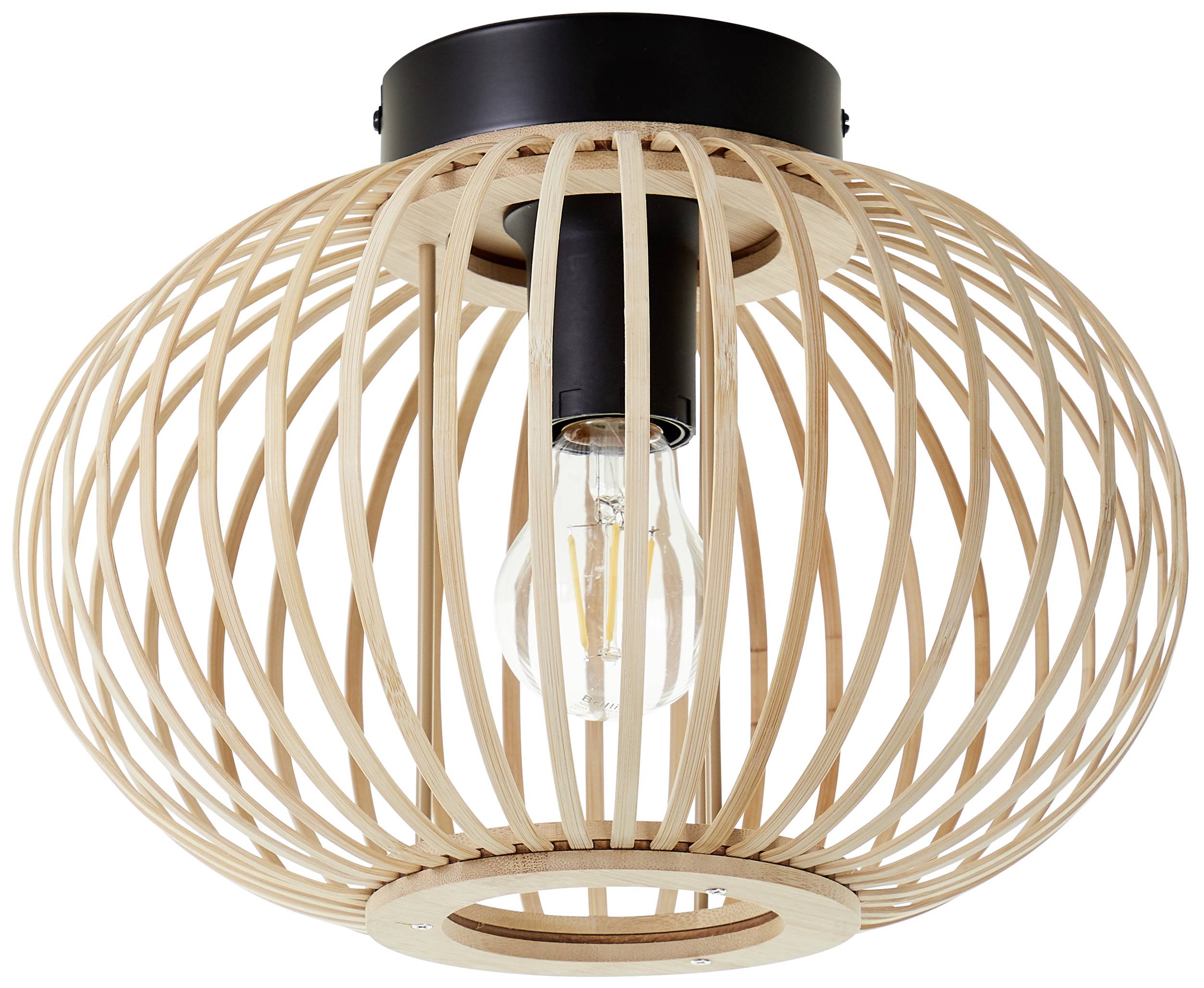 Lampa sufitowa z drewnianymi listwami i widoczną żarówką. Czarna podstawa. Nowoczesny, rustykalny design.