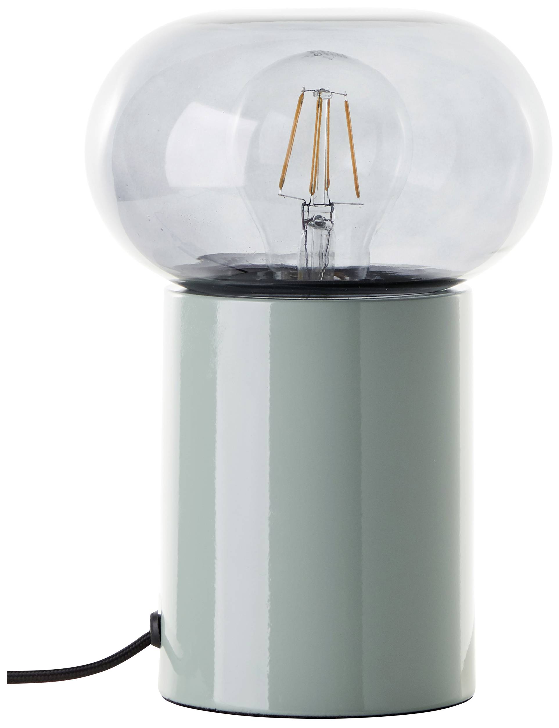 Nowoczesna lampa stołowa z cylindryczną metalową podstawą i przezroczystym szklanym kloszem, odsłaniającym żarówkę.