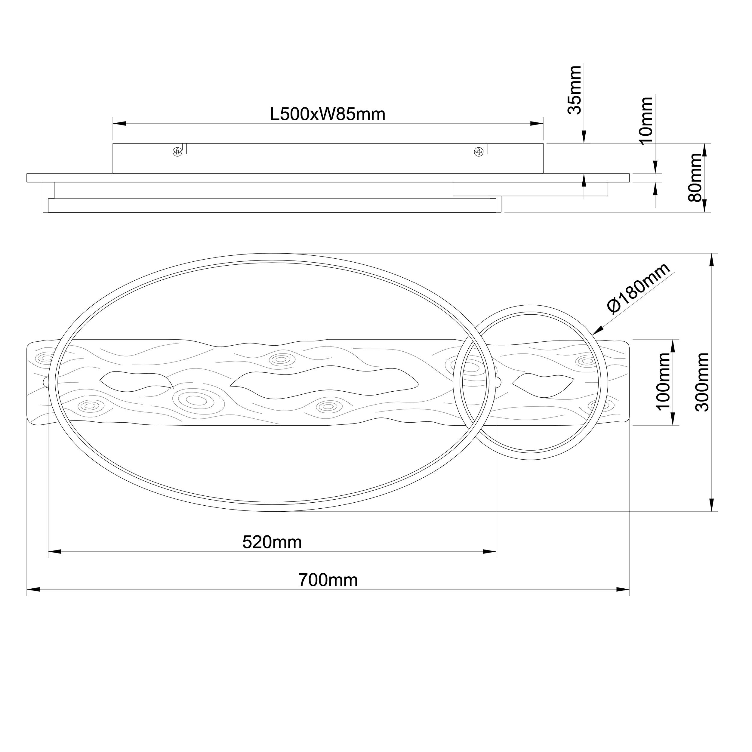 Rysunek techniczny owalnego lustra ściennego z elementem drewnianym. Wymiary: 700 mm długość, 300 mm wysokość, 80 mm głębokość. Odległość mocowania: 500 mm.
