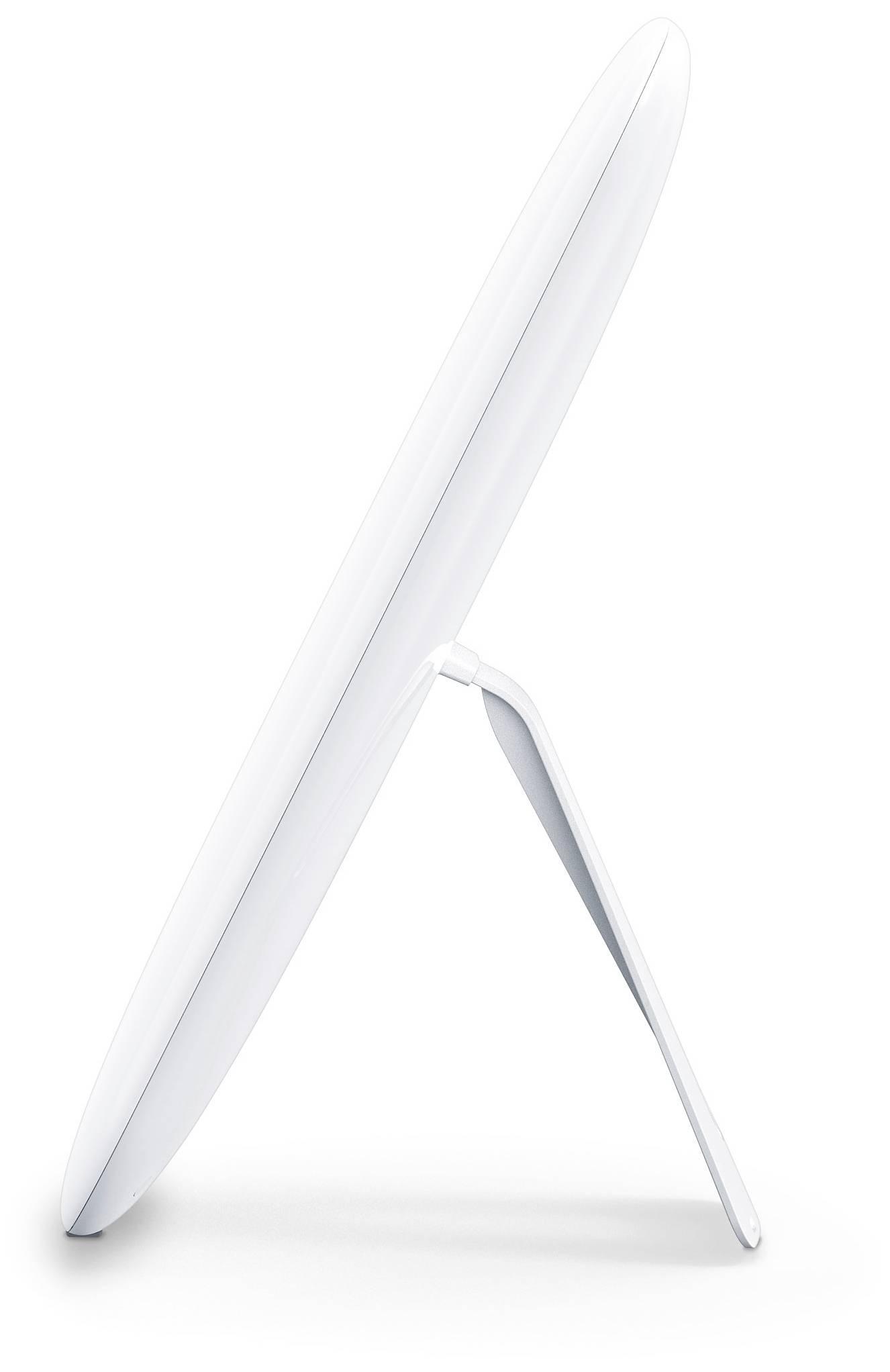 Widok z boku nowoczesnego, cienkiego monitora o minimalistycznym designie, stojącego na wąskiej podstawce, umieszczonego na białym tle.