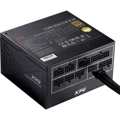 Zasilacz do komputera XPG Core Reactor II VE w kolorze czarnym, certyfikowany 80 Plus Gold, z wieloma złączami do płyty głównej i urządzeń peryferyjnych.