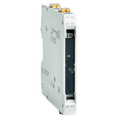 Wąskie, pionowe urządzenie elektroniczne, prawdopodobnie moduł przełączający, z oznaczeniami 'On', '1.1', '3.2' oraz logotypami.