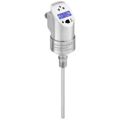 Obraz przedstawia przetwornik temperatury Endress+Hauser Thermophant T wykonany ze stali nierdzewnej, wyposażony w wyświetlacz cyfrowy i złącza.