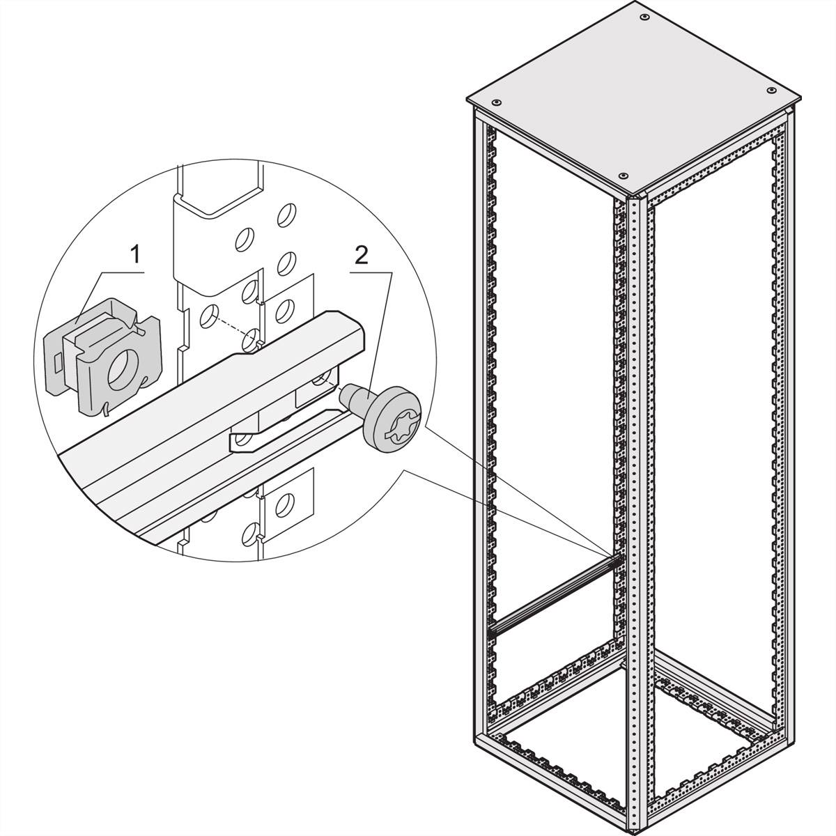 Szafa sterownicza z dokładnym zbliżeniem węzła połączeniowego. Ponumerowane komponenty przedstawiają metodę mocowania ramy.