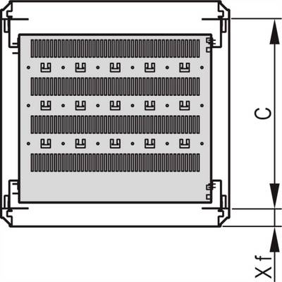 Diagram prostokątnego złącza z wewnętrznymi rzędami zacisków przyłączeniowych. Dwie wymiary są oznaczone jako 'C' i 'Xf'.