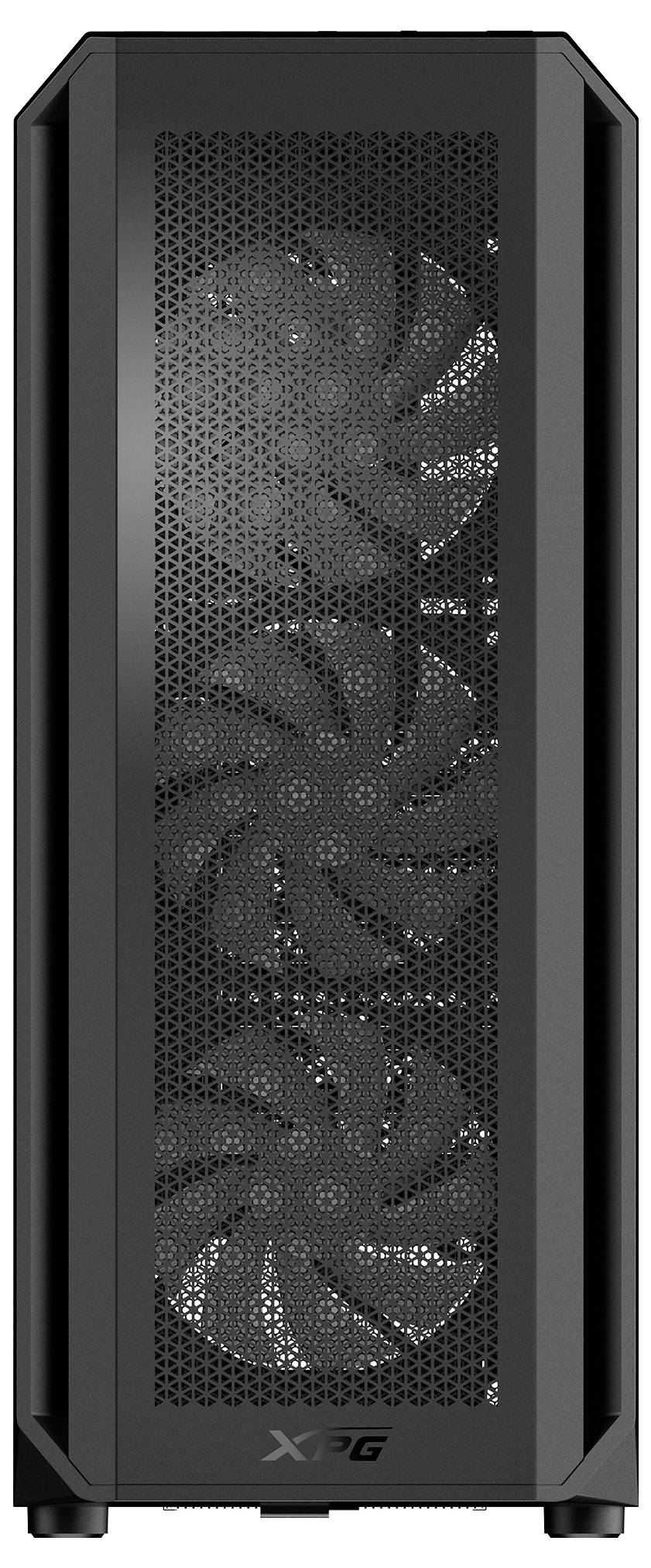 Czarne obudowa komputerowa z trzema widocznymi wentylatorami na przedniej ścianie, idealna do zestawów komputerowych dla graczy lub urządzeń o wysokiej wydajności.