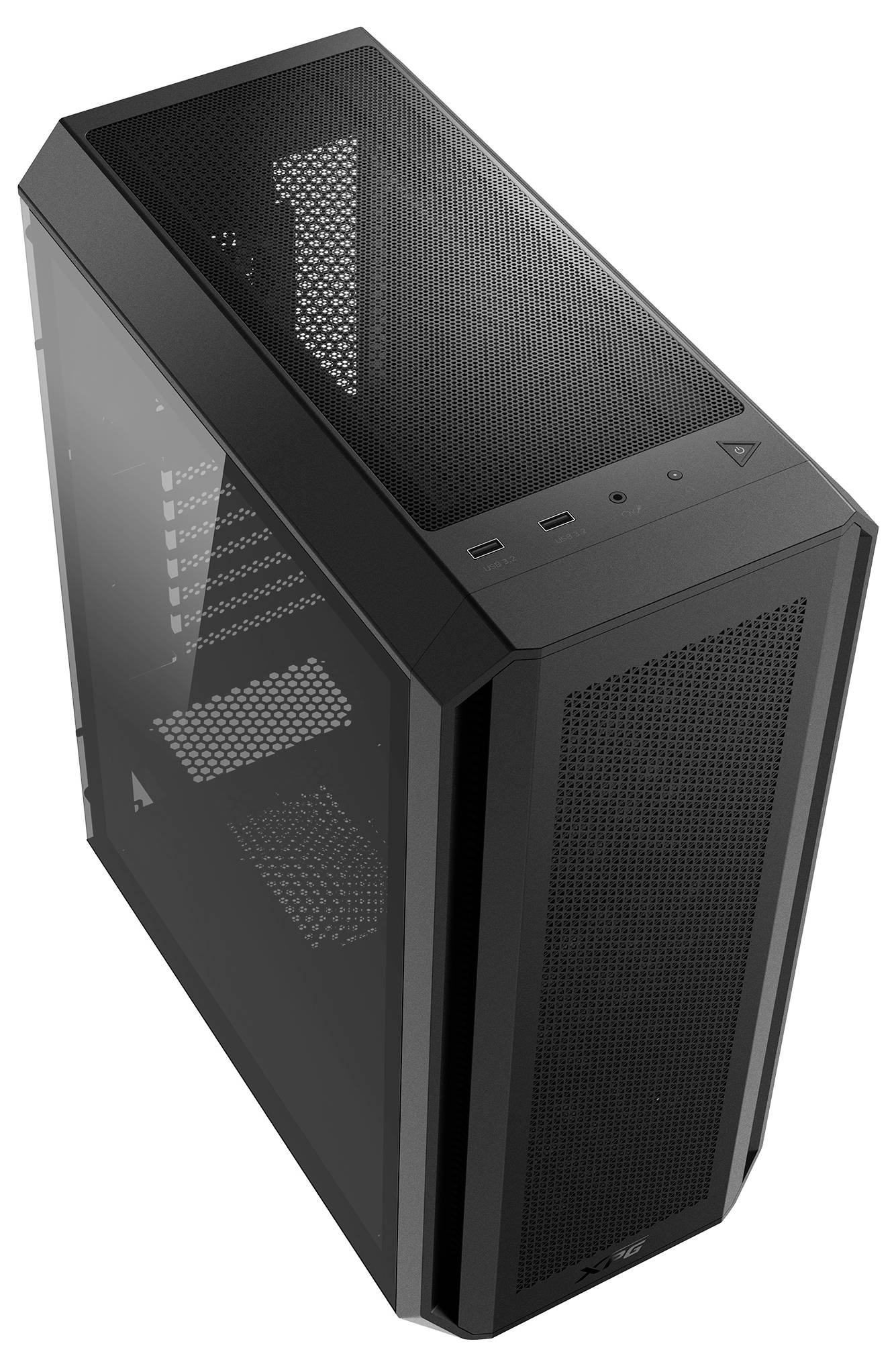 Czarna obudowa komputera z przezroczystą boczną ścianką oraz kratkami wentylacyjnymi na górnej i przedniej części.