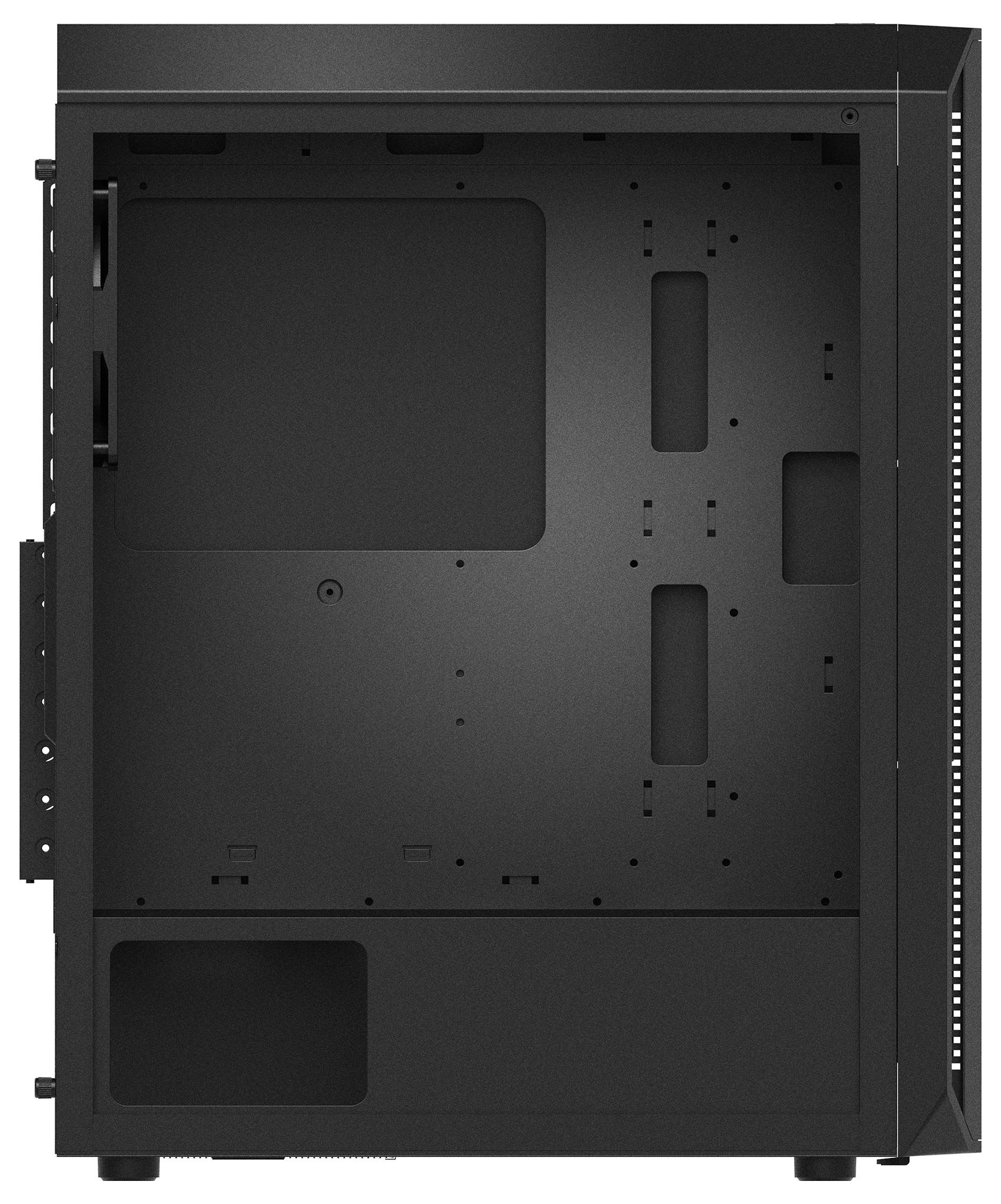 Pusty, czarny komputer stacjonarny prezentuje wnętrze z mocowaniami i przestrzenią na komponenty takie jak płyta główna i dyski twarde.