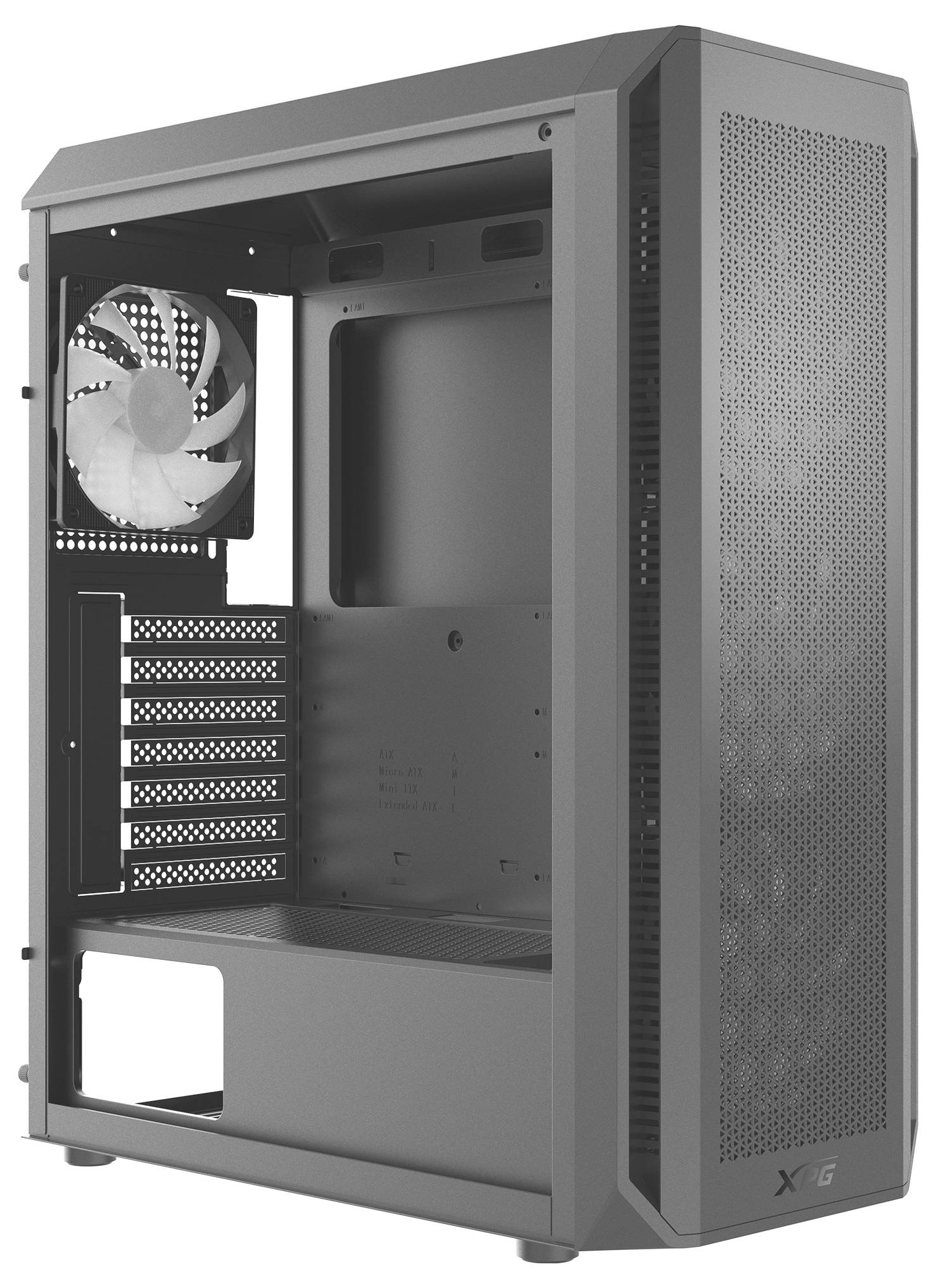 Pusty, szary komputer stojący w obudowie z siatką wentylacyjną po boku i wbudowanym wentylatorem.