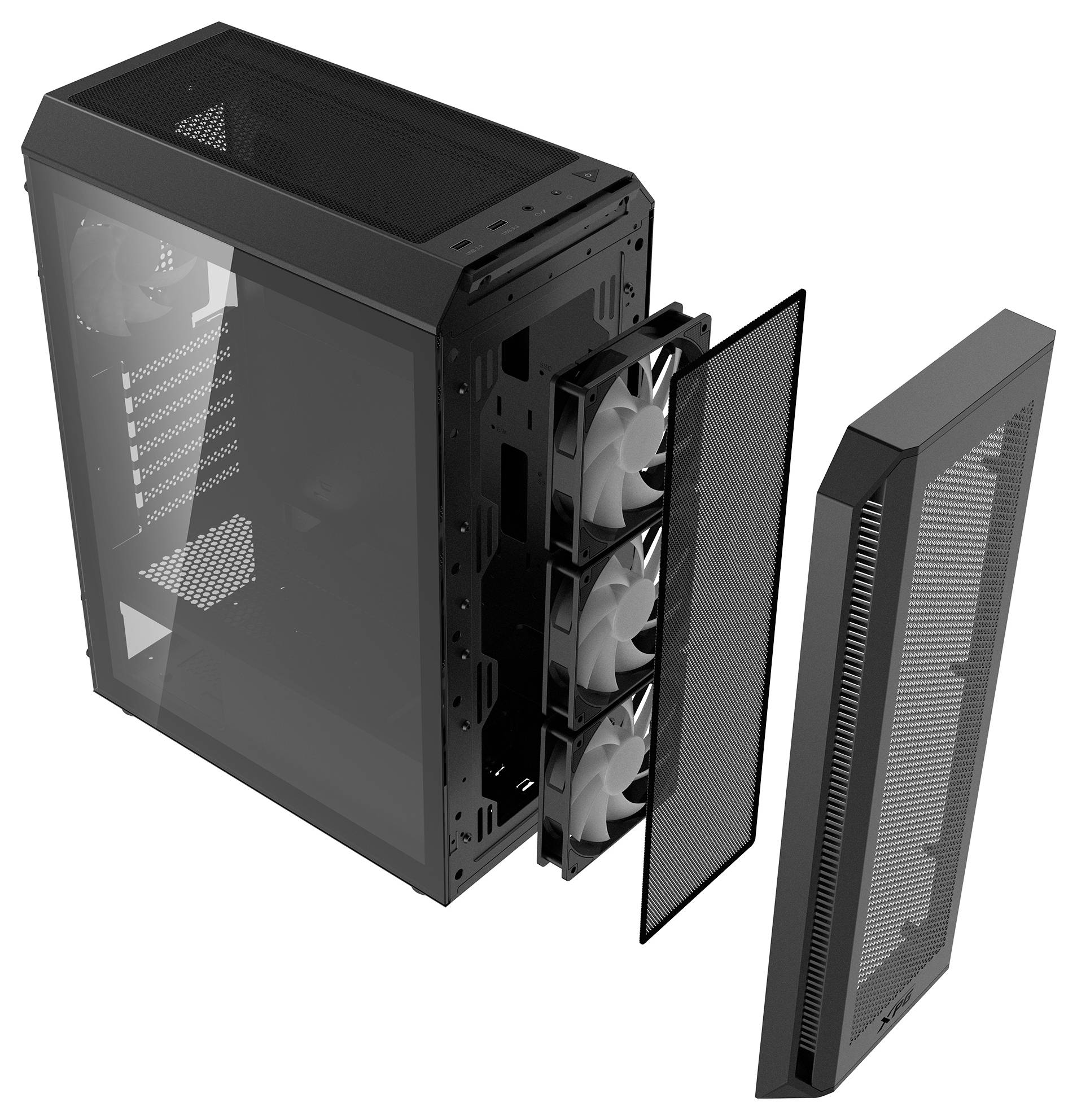 Czarna obudowa komputera z demontowaną przednią płytą, ukazująca trzy wbudowane wentylatory i boczne okno ze szkła.