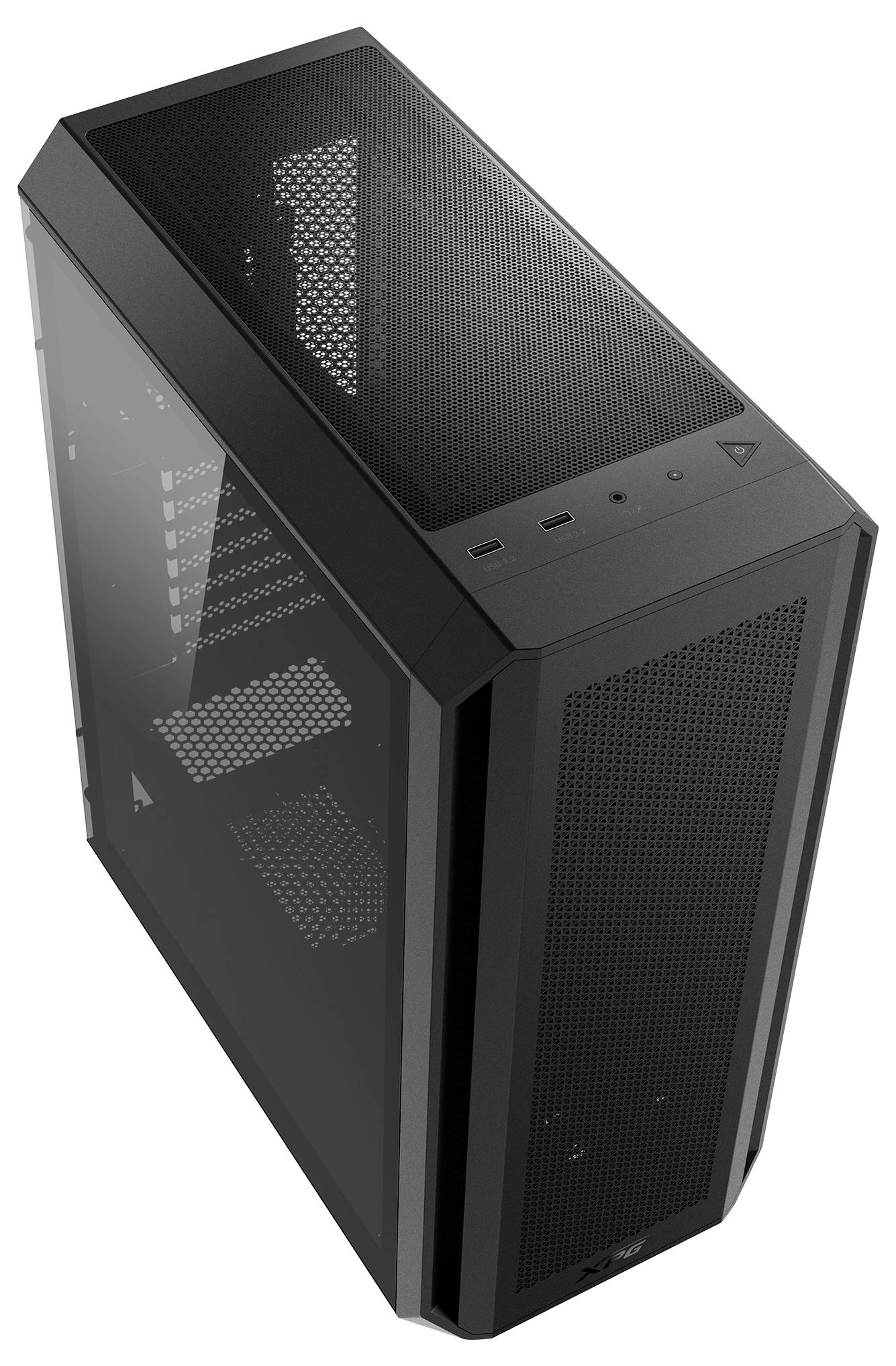 Czarna obudowa komputera z siateczkowym przodem i przezroczystą boczną ścianką, zaprojektowana dla wydajnego chłodzenia i prezentacji podzespołów.