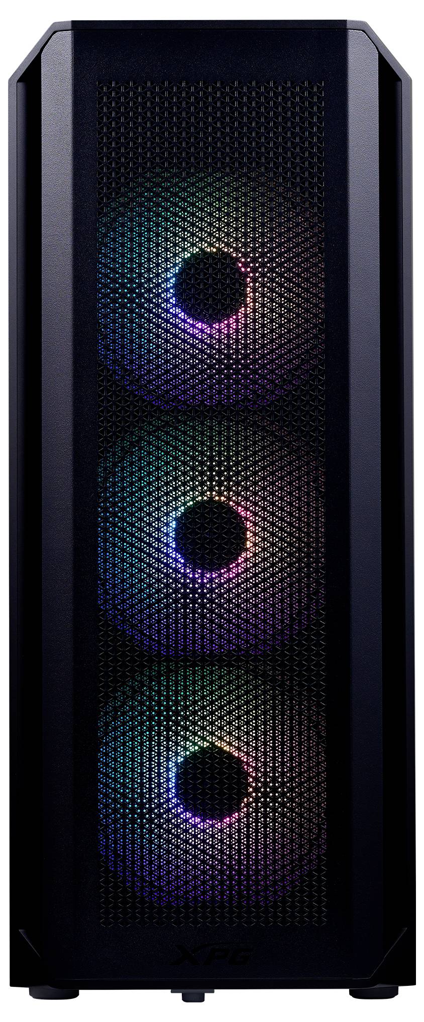 Czarna obudowa komputera z trzema widocznymi wentylatorami RGB na przedniej stronie. Wentylatory świecą w różnych kolorach.