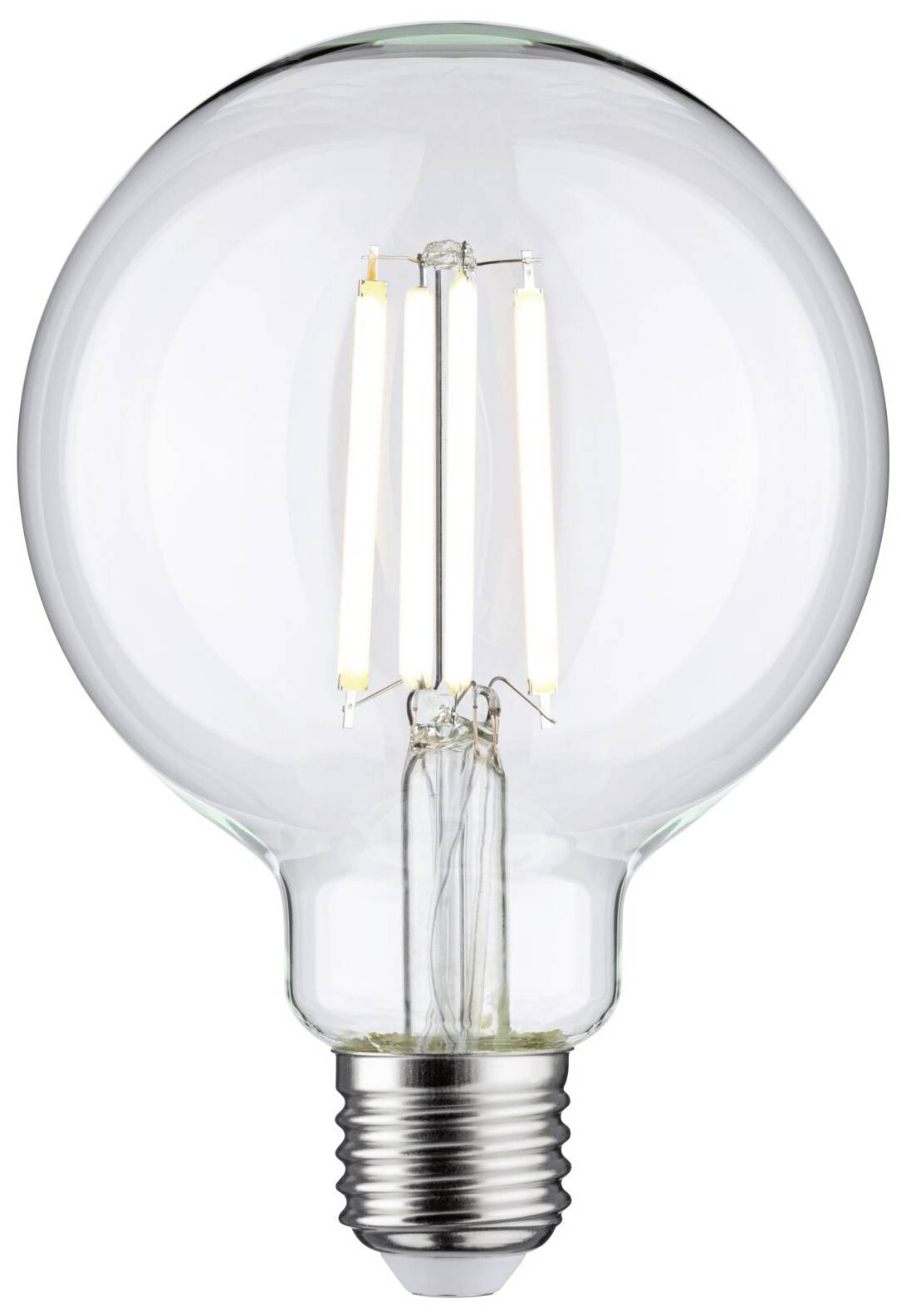 Żarówka z srebrną podstawą i widocznymi świecącymi włóknami, na białym tle.