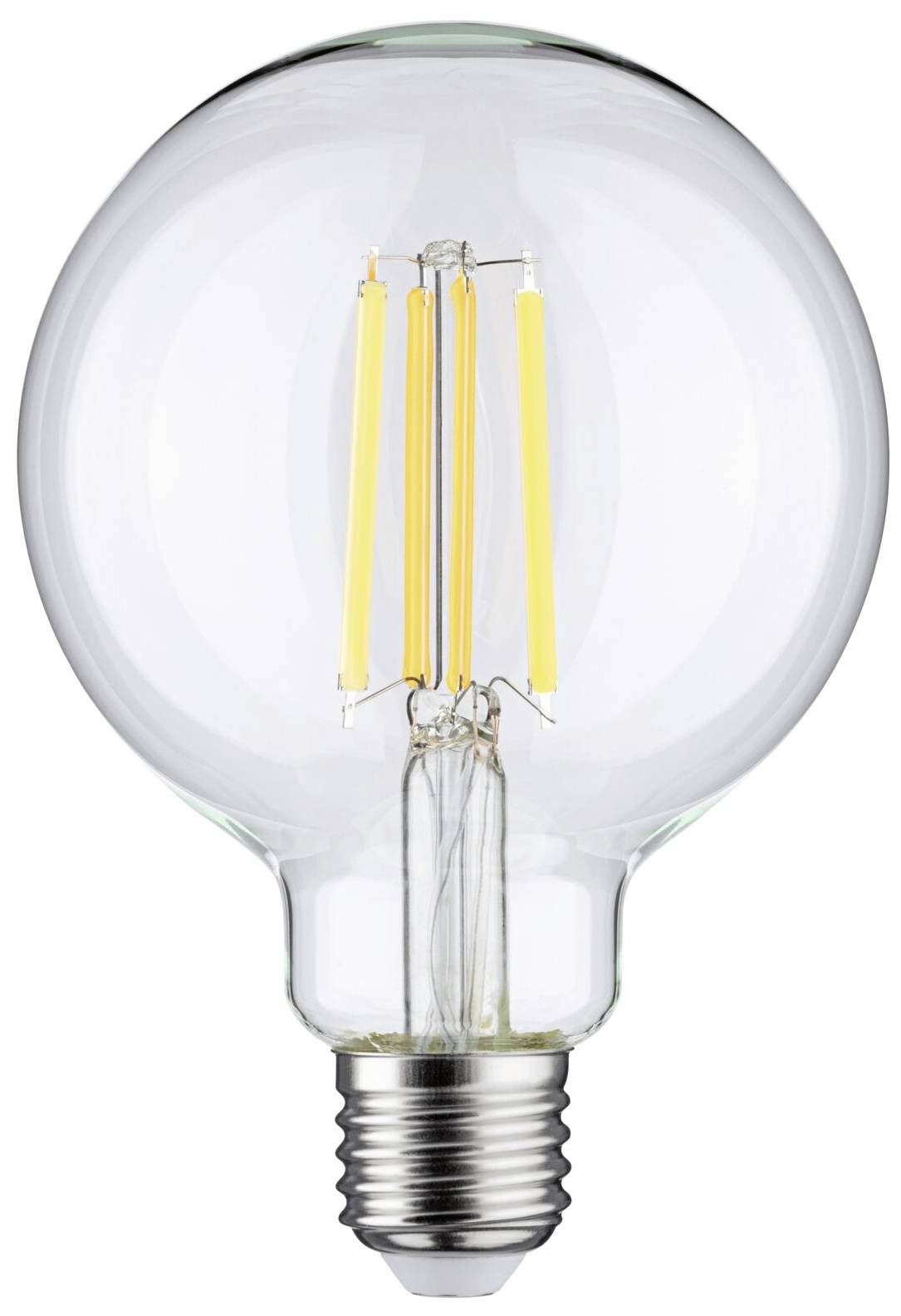 Przezroczysta żarówka z widoczną żarówką i standardowym gwintem, symbolizująca energię i oświetlenie.