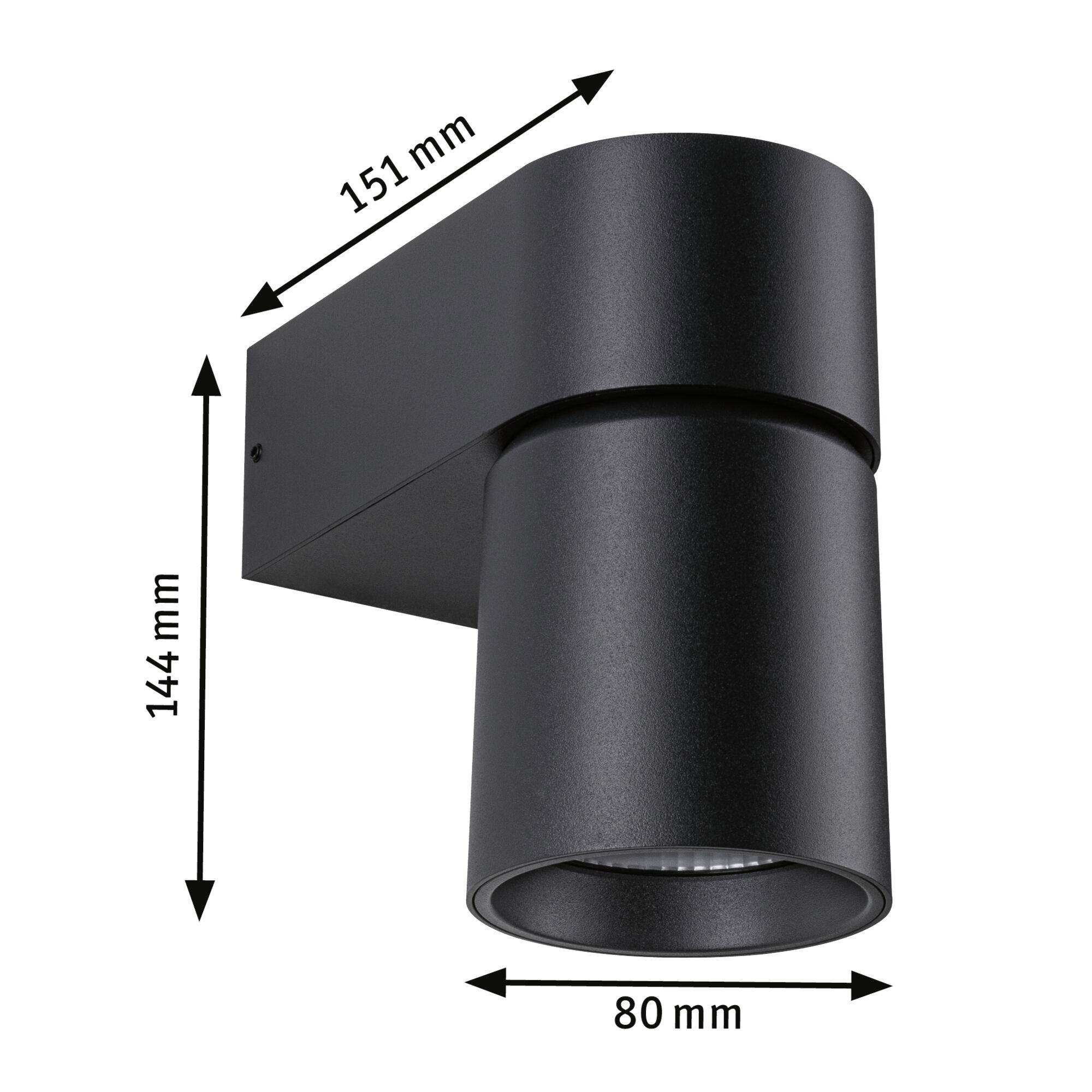 Czarna cylindryczna lampa ścienna z metalu o wymiarach: 144 mm wysokości, 151 mm długości, 80 mm średnicy. Gładka, matowa powierzchnia.