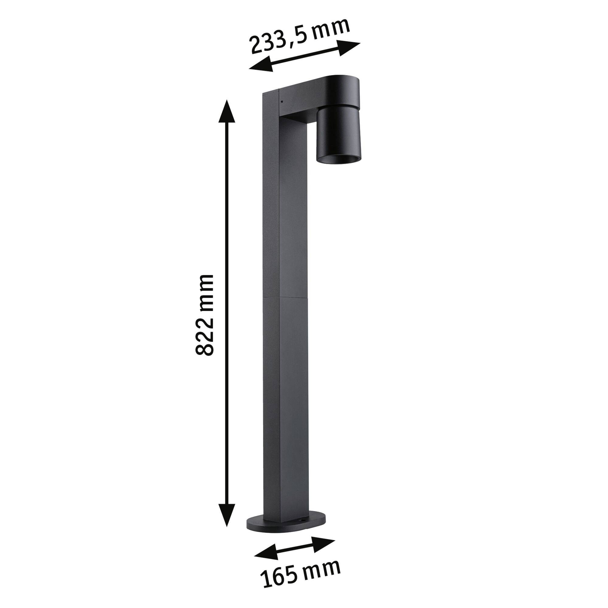 Czarna lampa zewnętrzna, wysokość 822 mm, szerokość 165 mm, wysięg 233,5 mm; nowoczesny, minimalistyczny design do oświetlenia przestrzeni na wolnym powietrzu.