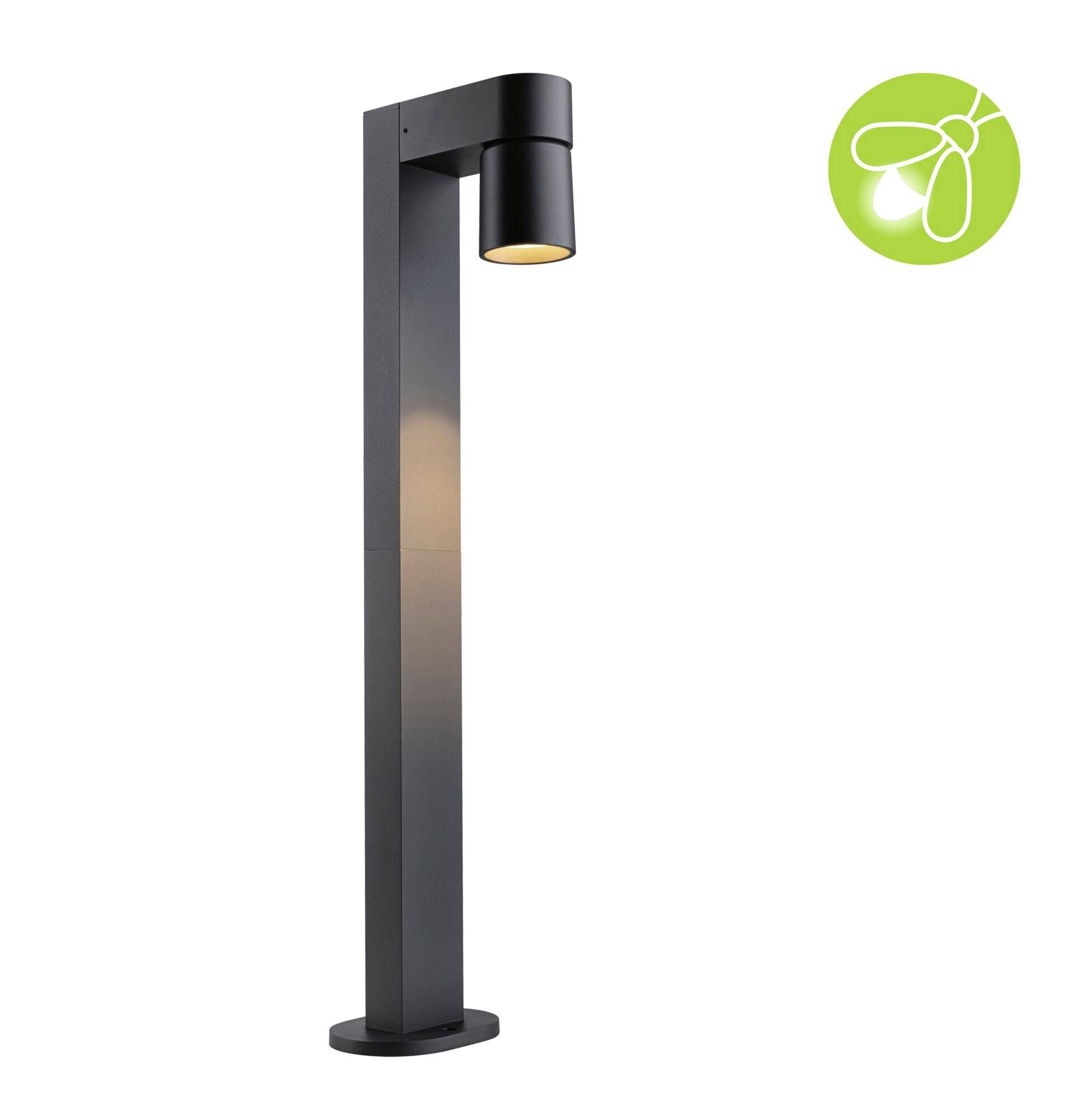 Lampa zewnętrzna w nowoczesnym, czarnym designie z cylindrycznym kloszem. Zielone logo ze stylizowanym owadem w prawym górnym rogu.
