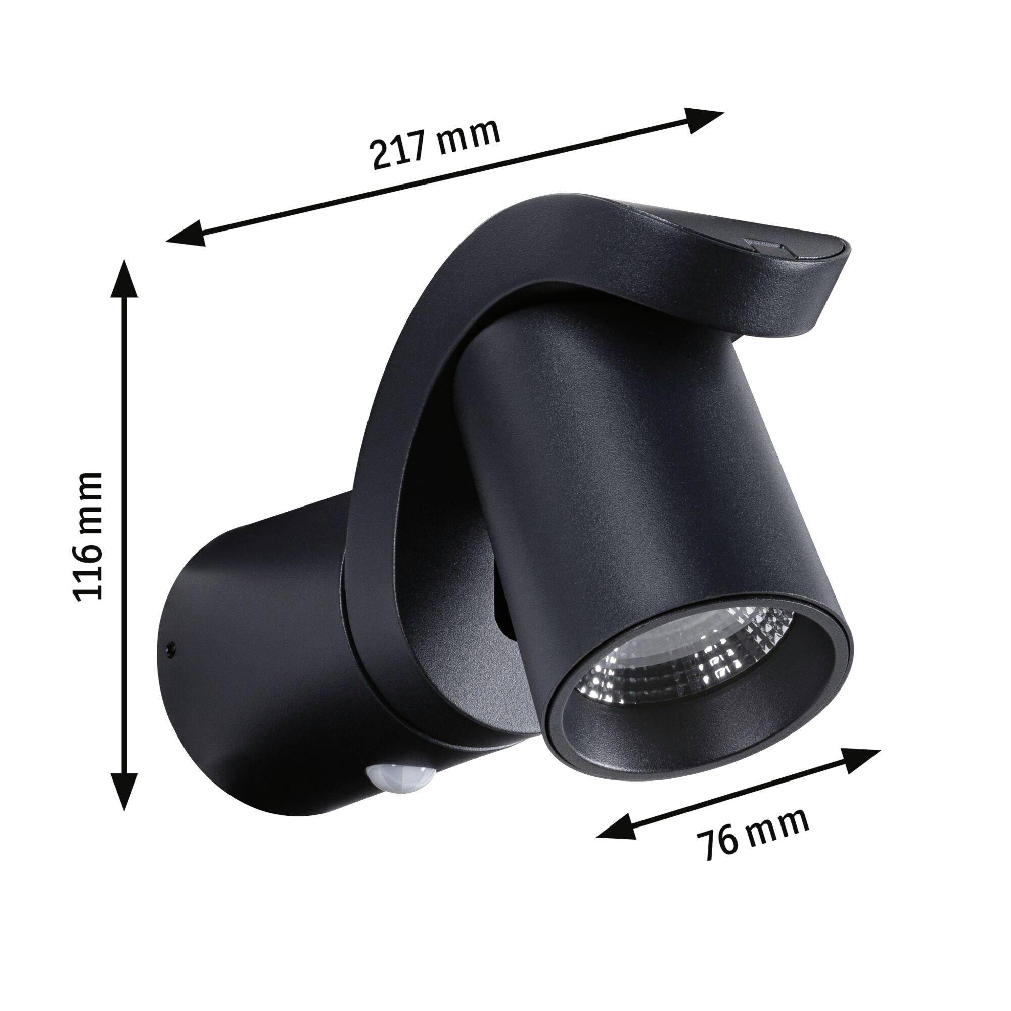 Czarny reflektor LED o wymiarach 217 mm x 116 mm x 76 mm.