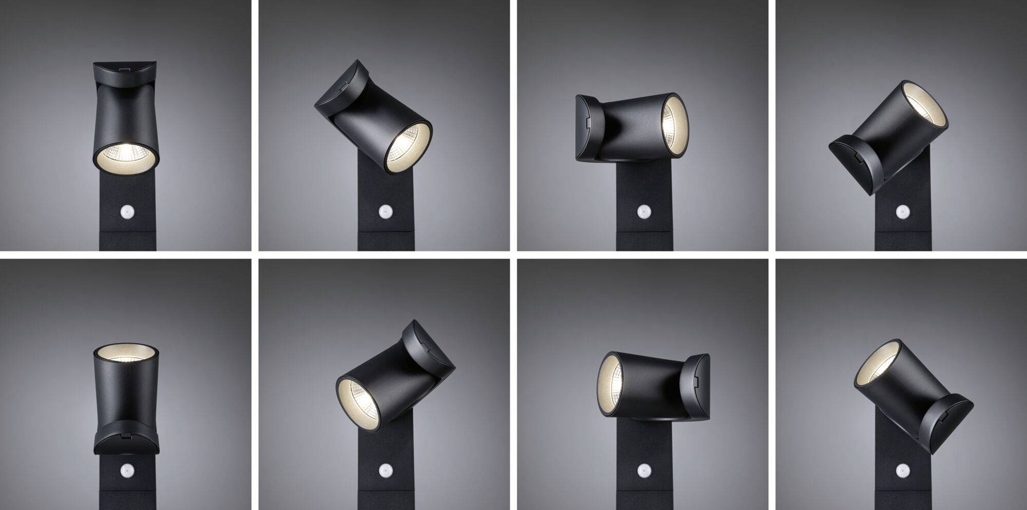 Osiem czarnych, ruchomych reflektorów sufitowych na szarym tle, każdy ustawiony pod innym kątem nachylenia.
