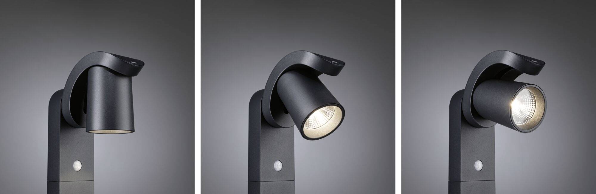 Trzy czarne reflektory LED, przedstawione kolejno, pokazują różne kąty oświetlenia. Tło neutralnie szare.