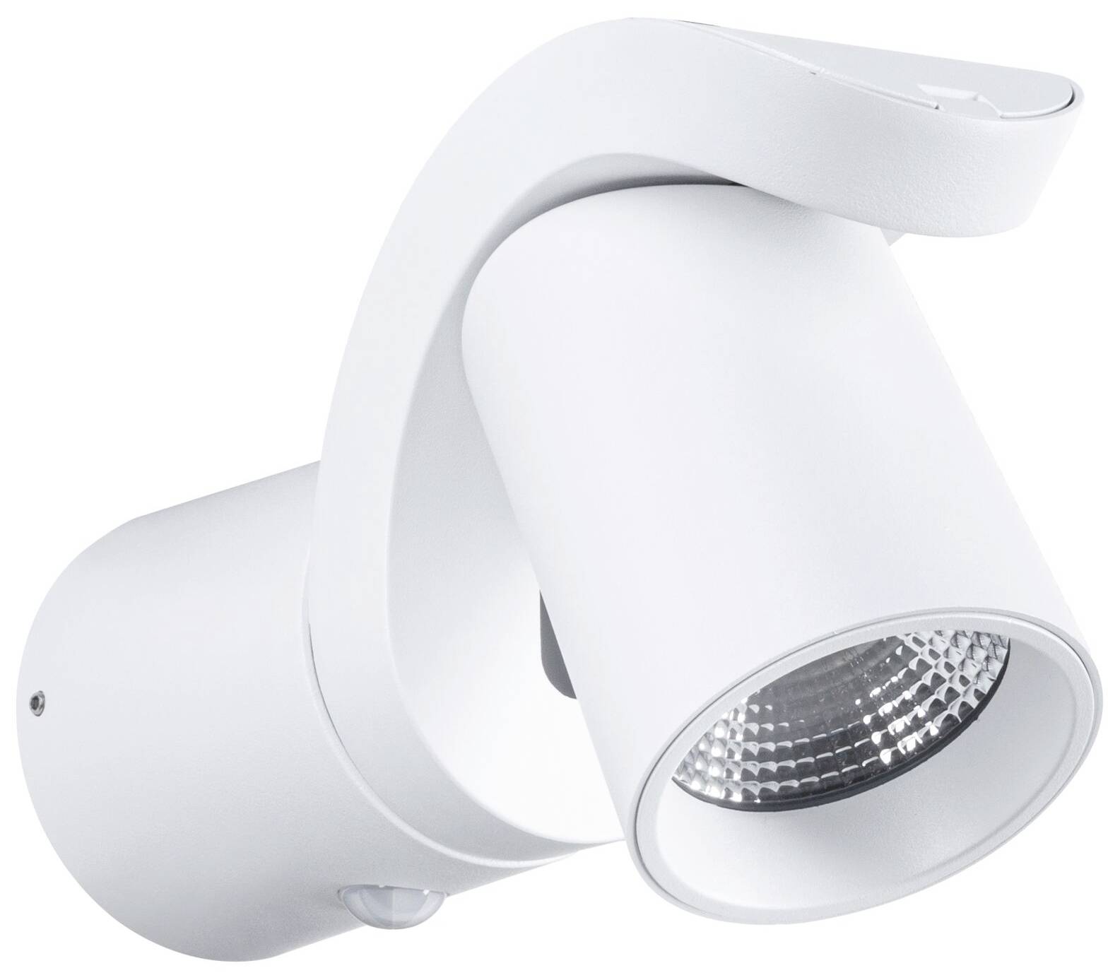 Biała lampa ścienna z ruchomą głowicą, odpowiednia do kierunkowego oświetlenia w pomieszczeniach mieszkalnych lub biurowych.