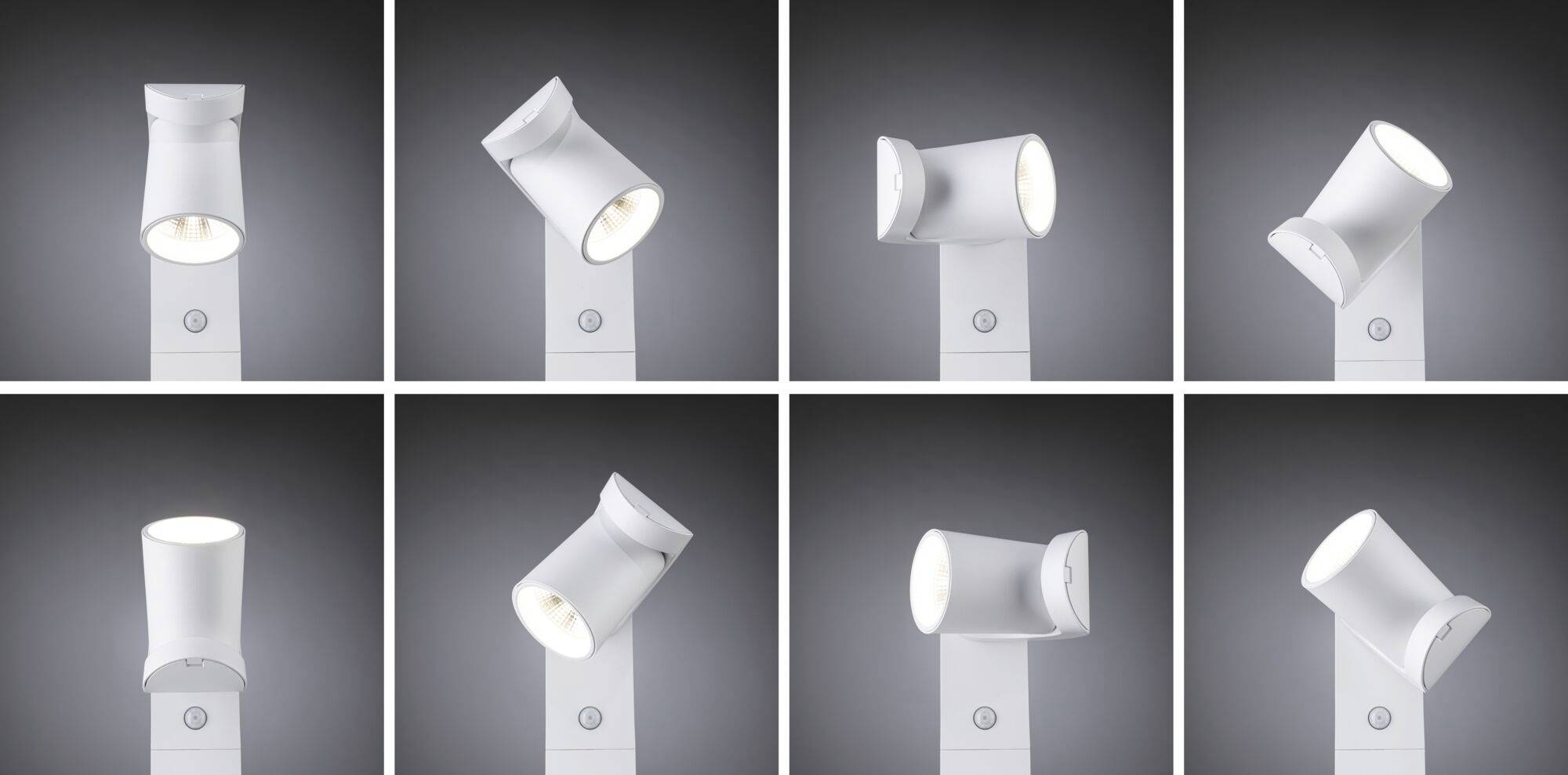 Osiem zdjęć przedstawia białą, regulowaną lampę na statywie z różnych kątów na szarym tle.
