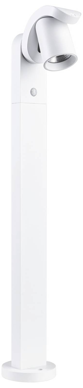 Biała, nowoczesna lampa stojąca z cylindryczną, obrotową głowicą, idealna do precyzyjnego oświetlenia wnętrz.