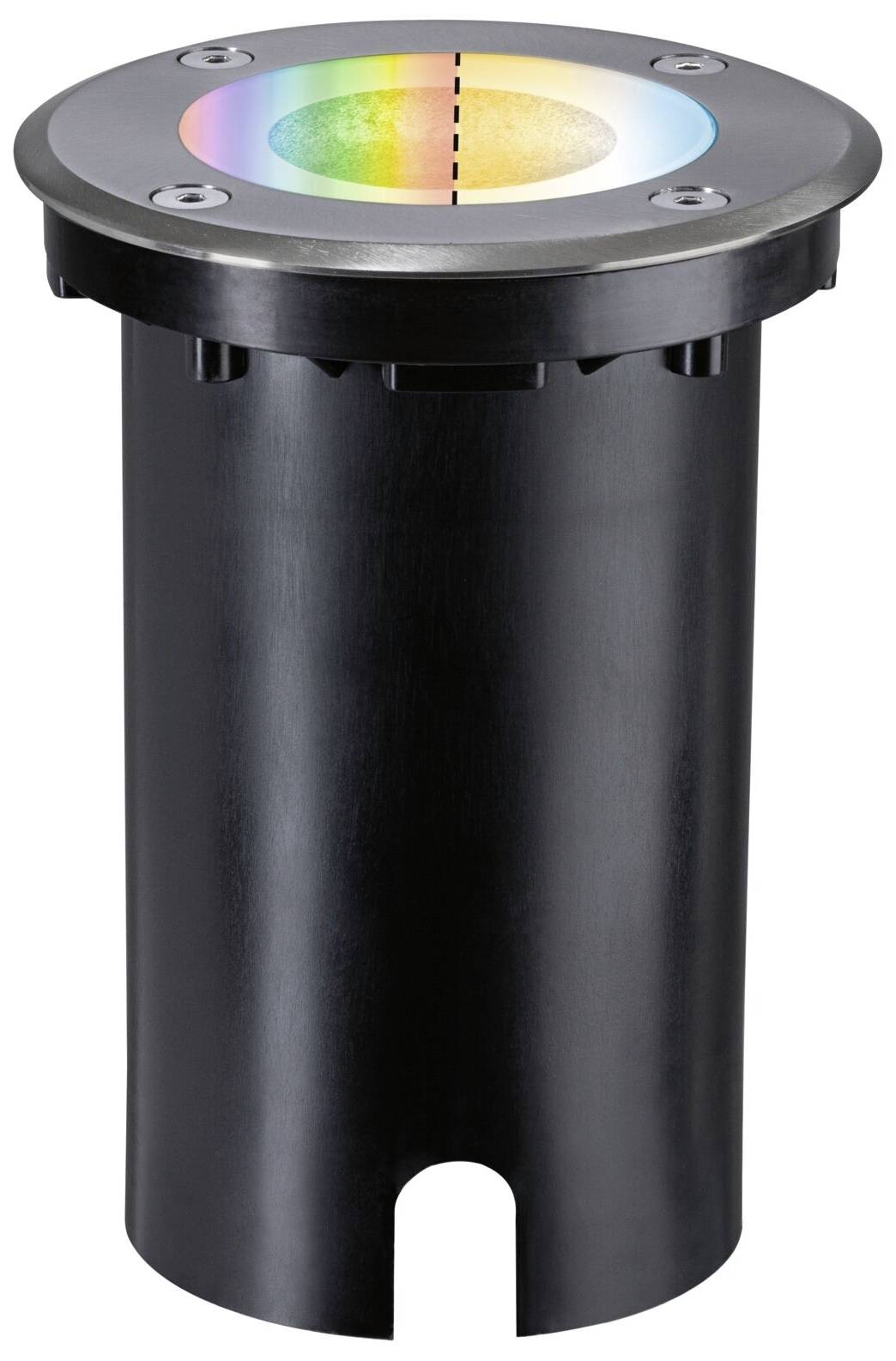 Czarna cylindryczna lampa LED z kolorowym światłem na górnej powierzchni, odpowiednia do wbudowania w podłoże.