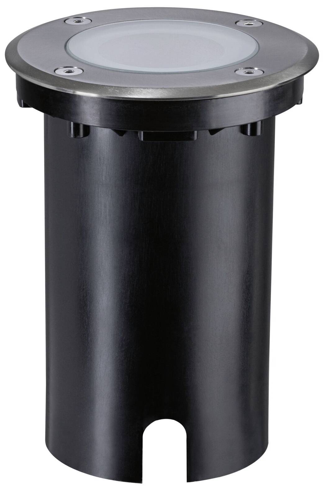 Lampa podłogowa z metalu z okrągłą osłoną i czterema śrubami, odpowiednia do instalacji na zewnątrz.