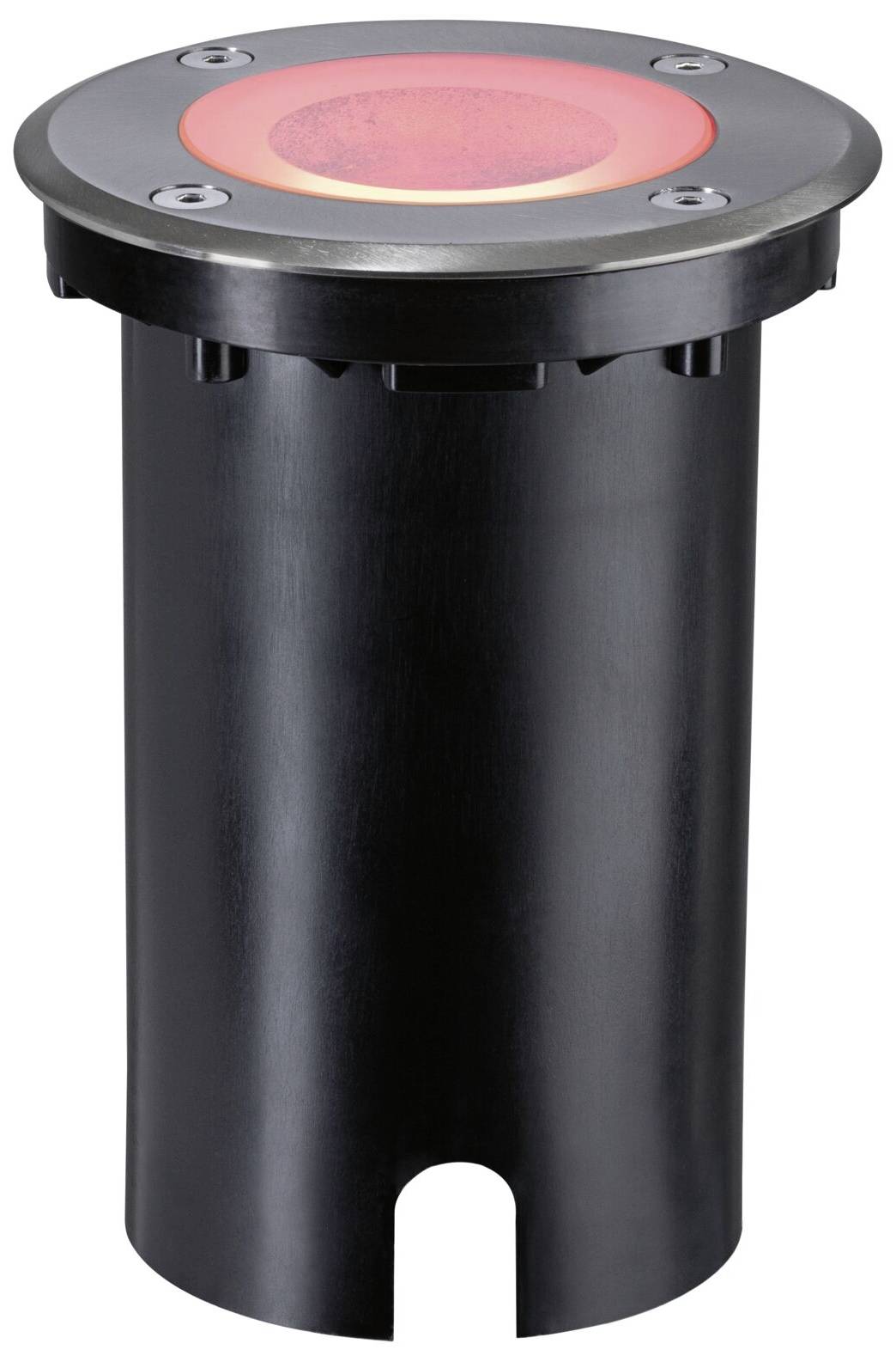 Cylindryczny reflektor najazdowy z czarną obudową i czerwoną diodą LED, przeznaczony do instalacji naziemnej na zewnątrz.