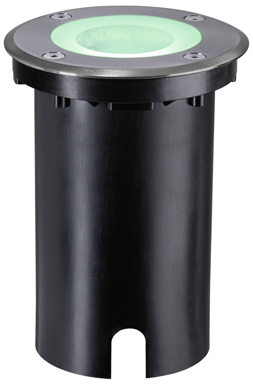 Czarna lampa podłogowa z zielonym światłem pośrodku, odpowiednia do oświetlenia na zewnątrz.