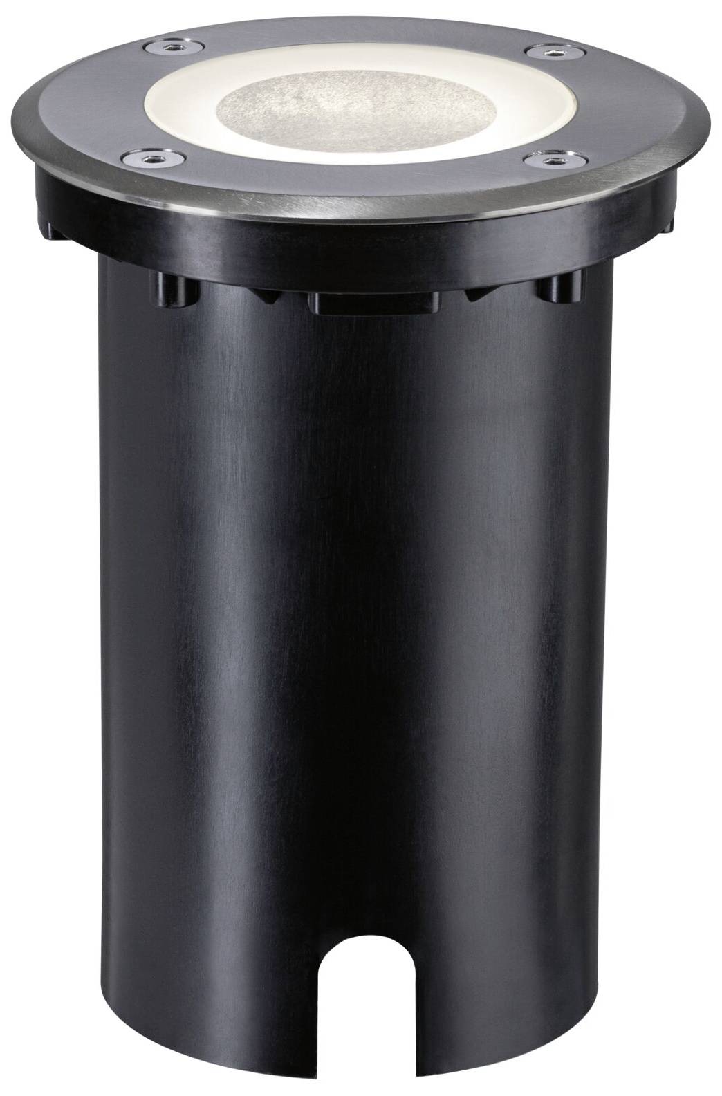 Okrągła, czarna oprawa najazdowa z czterema widocznymi śrubami. Zaprojektowana do oświetlenia zewnętrznego, idealna do chodników lub ogrodów.