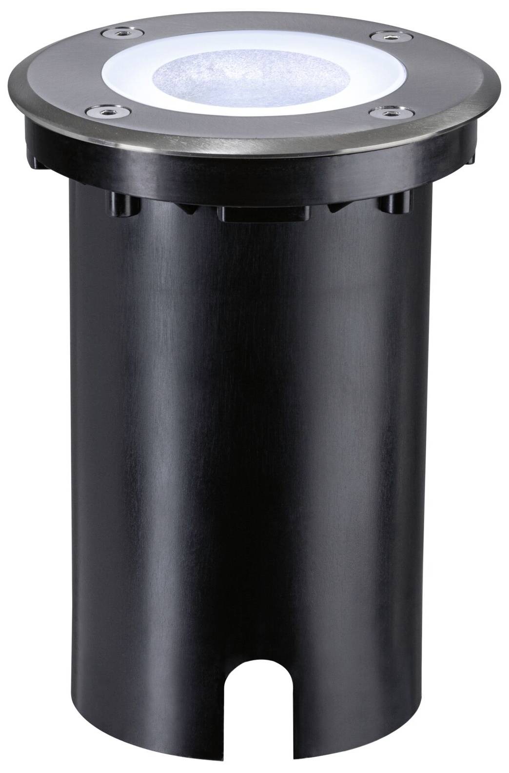 Czarny cylindryczny korpus gruntowego reflektora z widokiem na górną powierzchnię i otwór świetlny, odpowiedni do oświetlenia zewnętrznego.