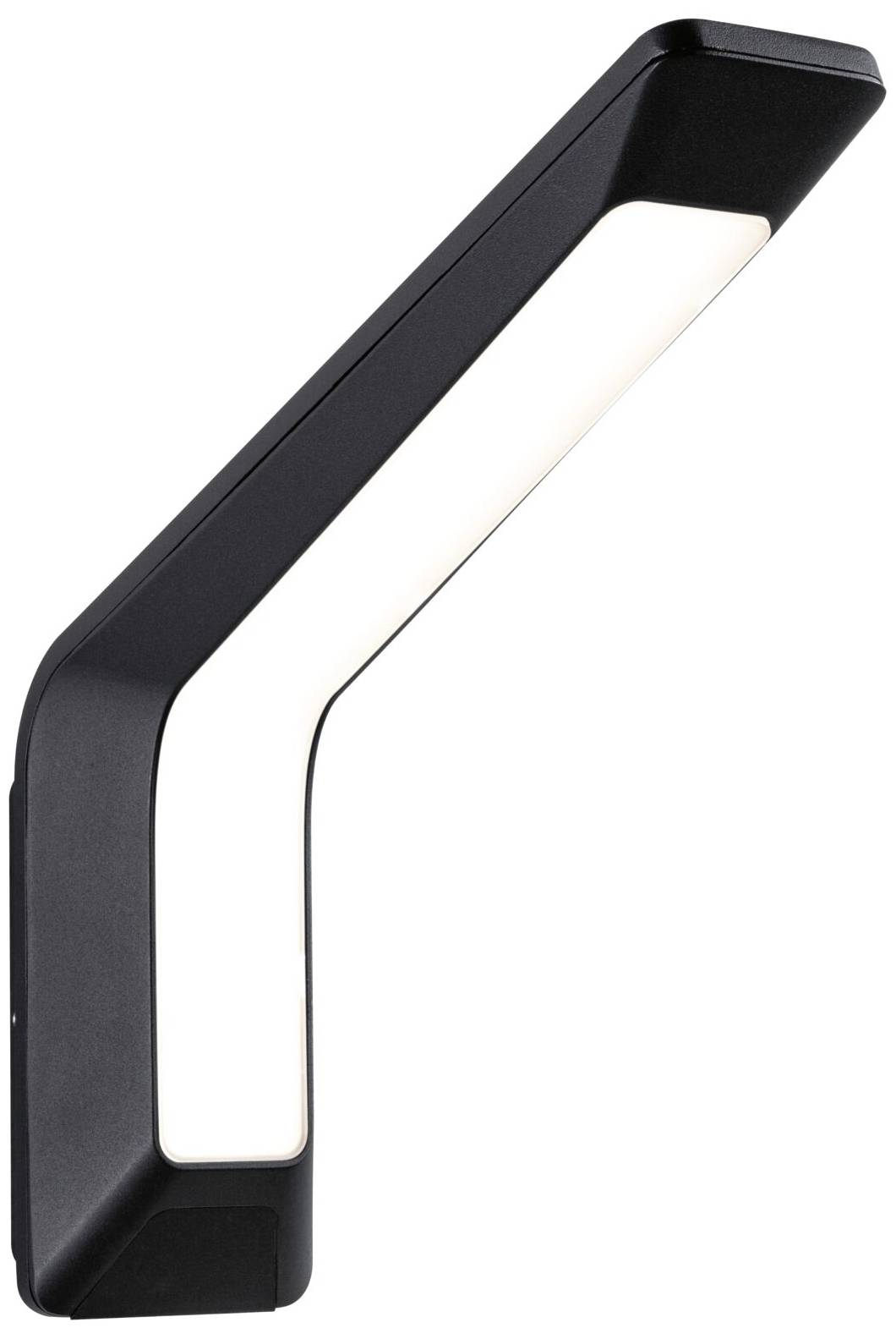 Czarna, nowoczesna kinkiet LED z zakrzywionym, wydłużonym designem i rozproszonym, świecącym pasem świetlnym.