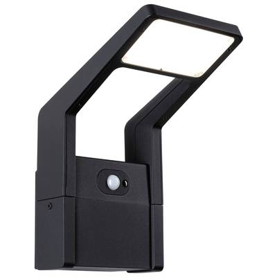 Czarna lampa ścienna z kwadratową głowicą świetlną i zintegrowanym czujnikiem ruchu. Idealna do nowoczesnych elewacji budynków.