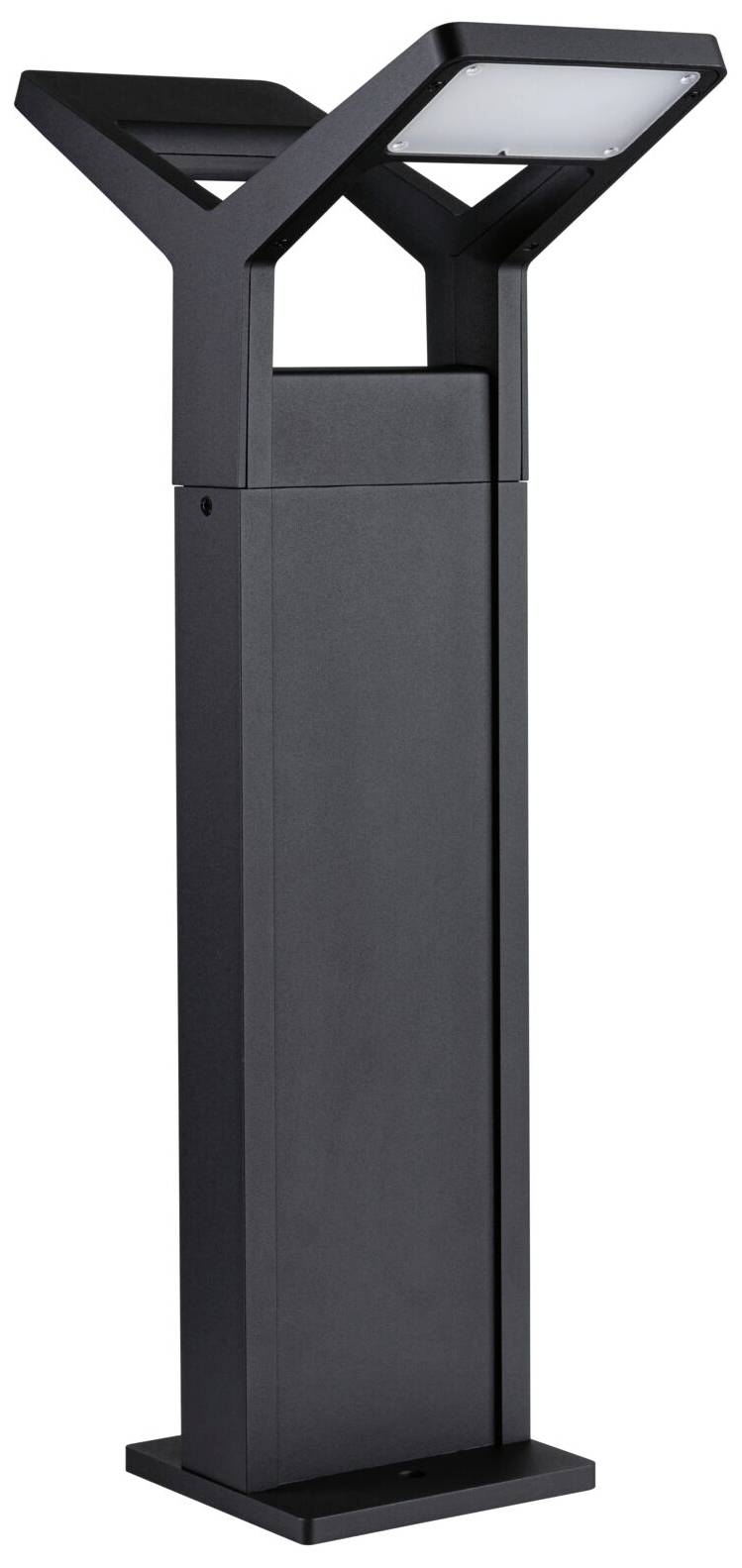 Nowoczesna, czarna lampa zewnętrzna z prostokątną podstawą i dwoma świecącymi, prostokątnymi elementami u góry ułożonymi w kształcie litery V.