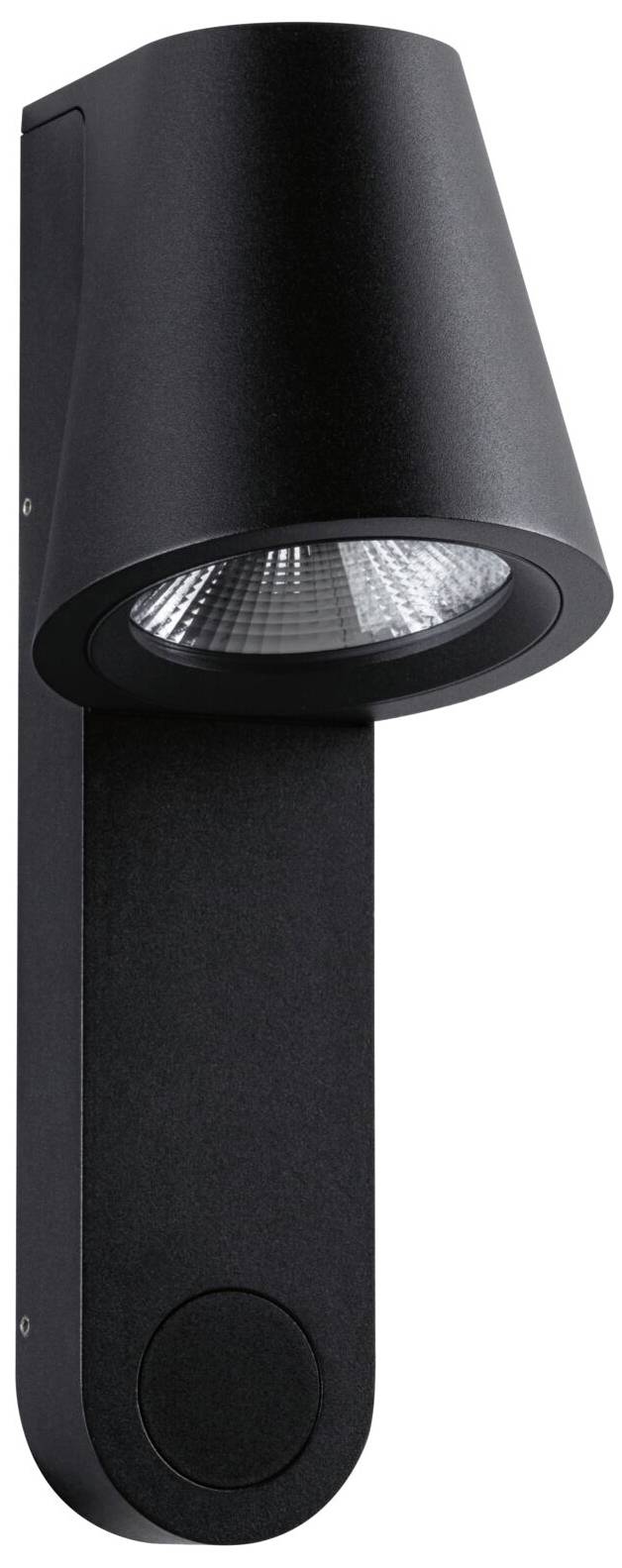 Nowoczesna czarna lampa zewnętrzna z stożkowatym kloszem i okrągłą żarówką, zamocowana na pionowym uchwycie ściennym.