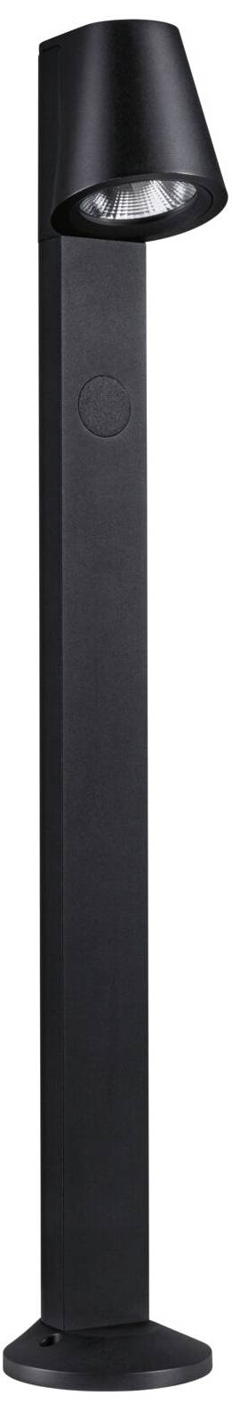 Nowoczesna czarna lampa stojąca z ukośnym kloszem. Idealna do przestrzeni zewnętrznych, zapewnia funkcjonalne oświetlenie i stylowy wygląd.