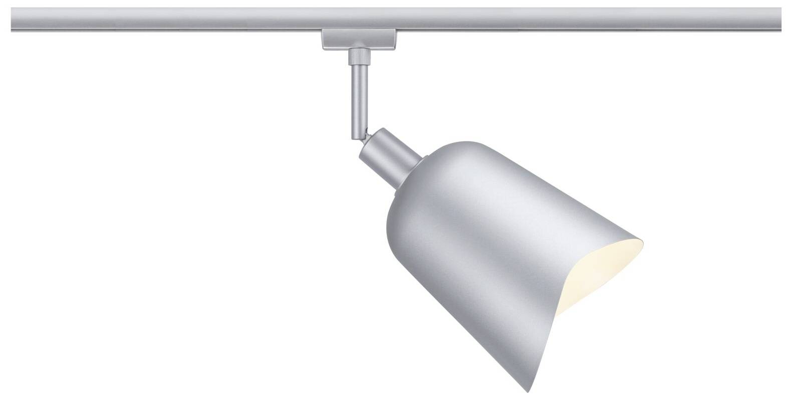 Srebrna, lejkowata lampa szynowa przymocowana do metalowej szyny, świecąca w neutralnym pomieszczeniu.