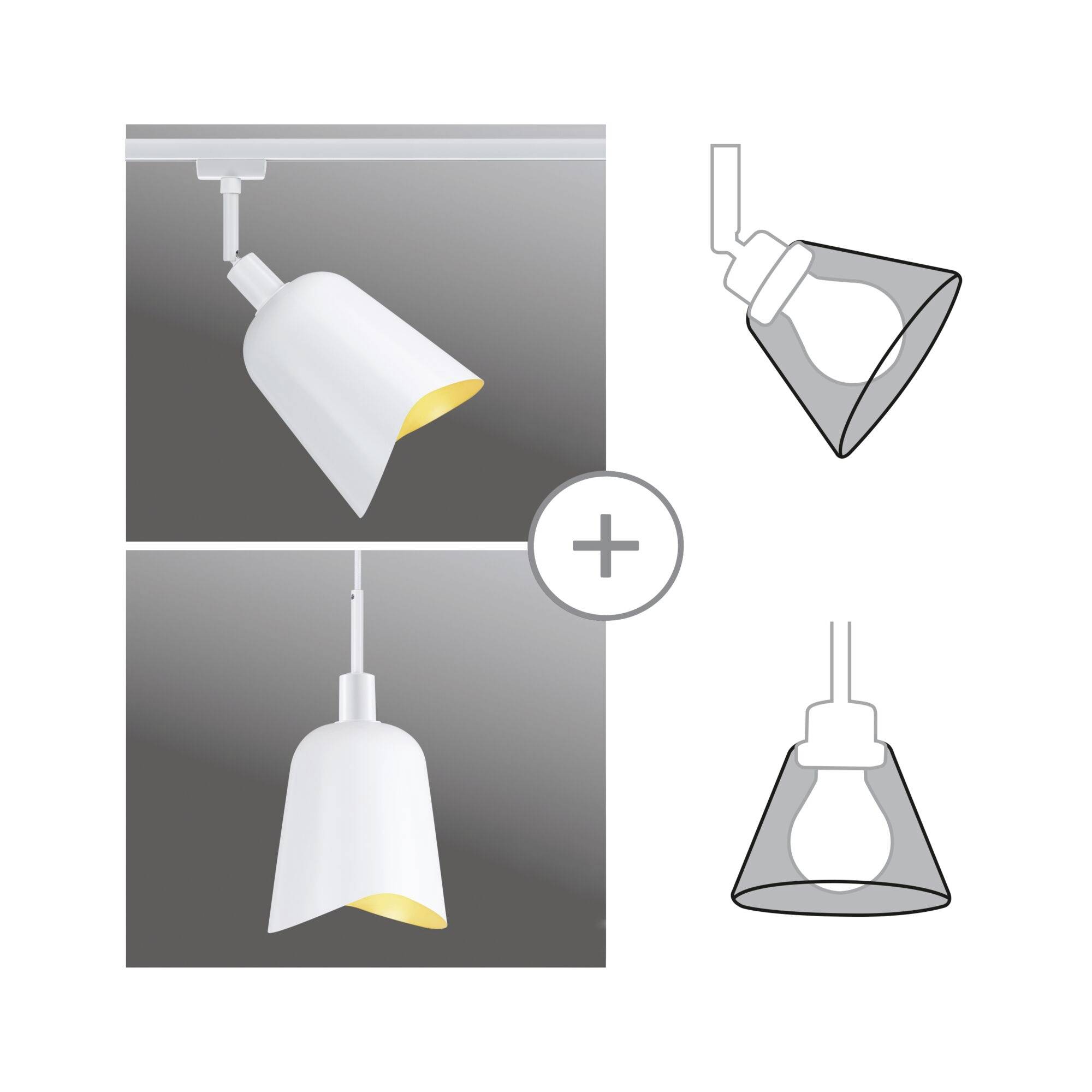 'Biała, nowoczesna lampa sufitowa z dwoma różnymi wariantami klosza, możliwa do zamontowania na szynie, przedstawiona w szczegółach.'