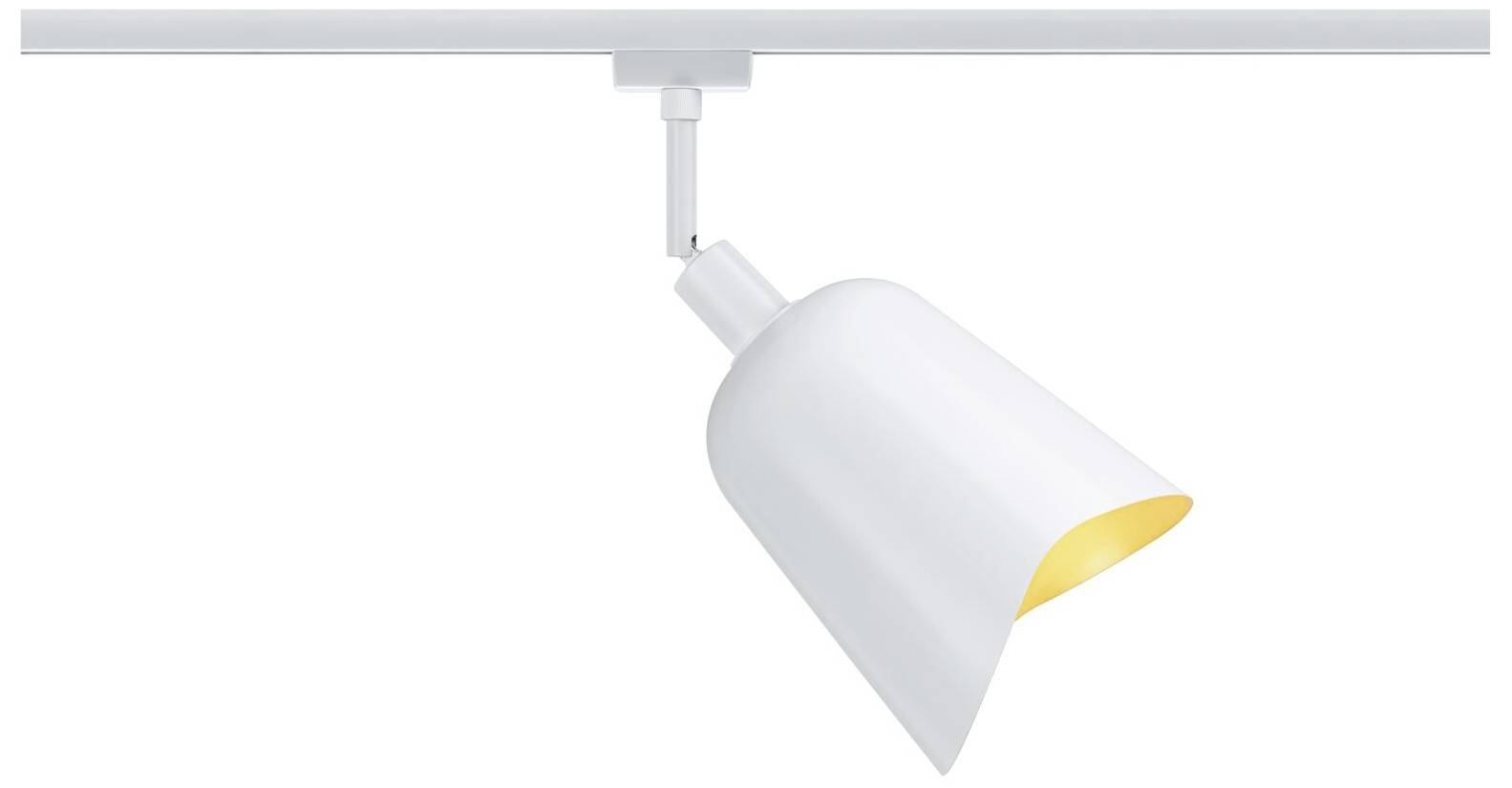 Biała lampa sufitowa z ruchomą głowicą, zamontowana na szynie, skierowana w dół.