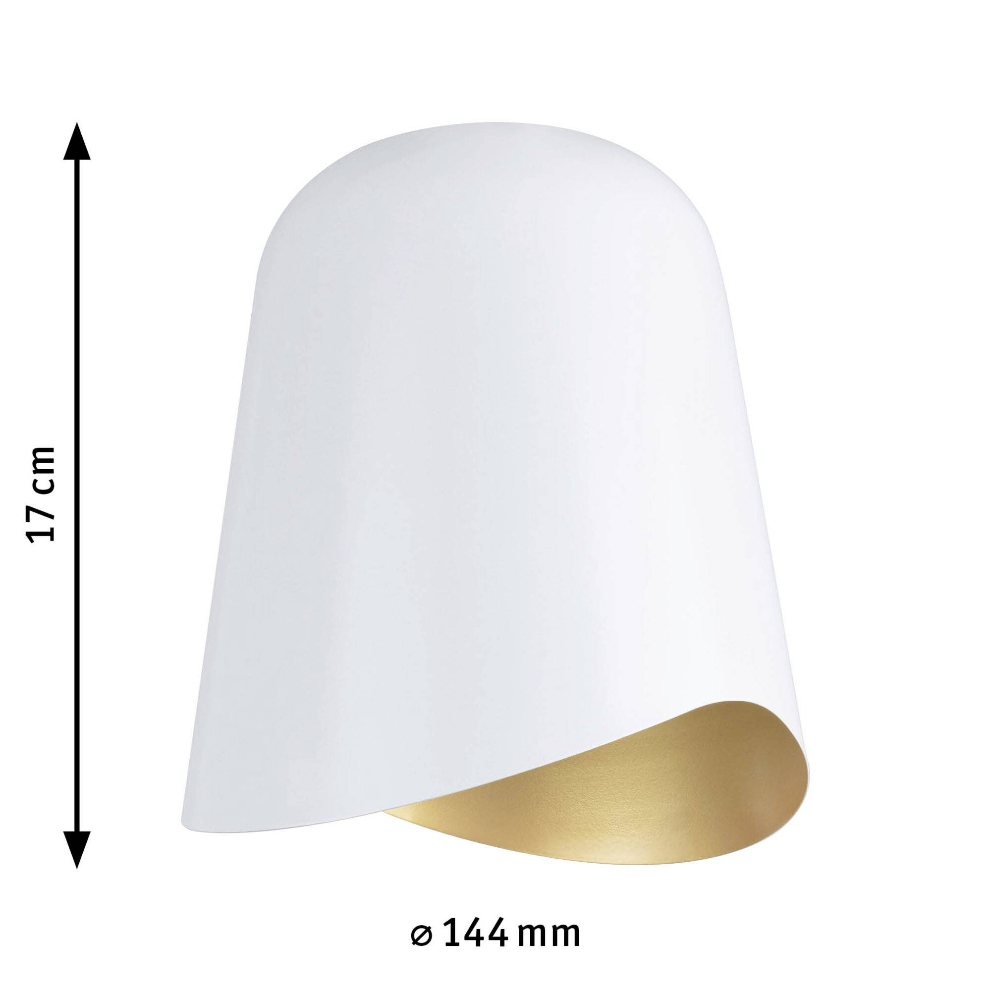 Biała lampa o średnicy 144 mm i wysokości 17 cm. Ma wygiętą formę z wewnętrzną, złotą powierzchnią.