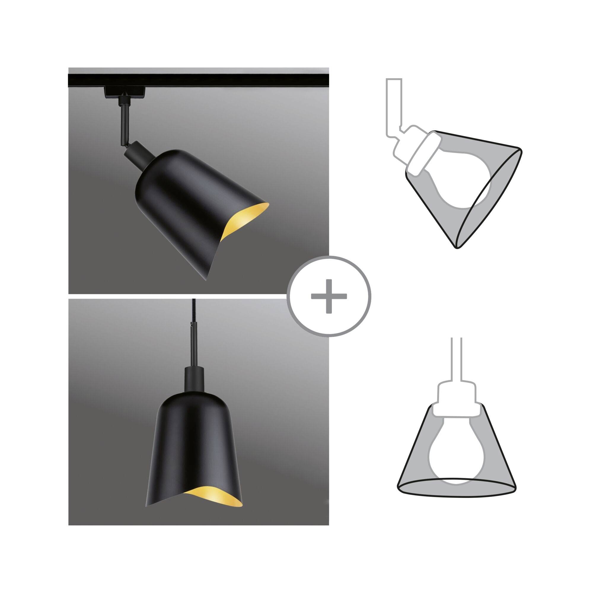 Dwie czarne lampy sufitowe z złotymi wnętrzami; jedna na szynie, druga wisząca. Rysunki obok przedstawiają ich kształty.