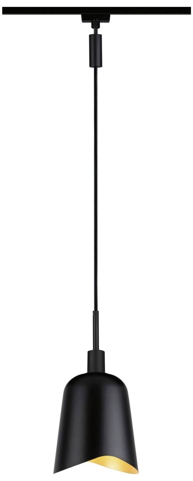 Czarna lampa wisząca z asymetrycznym kloszem, która rzuca światło skierowane w dół. Idealna do nowoczesnych wnętrz.